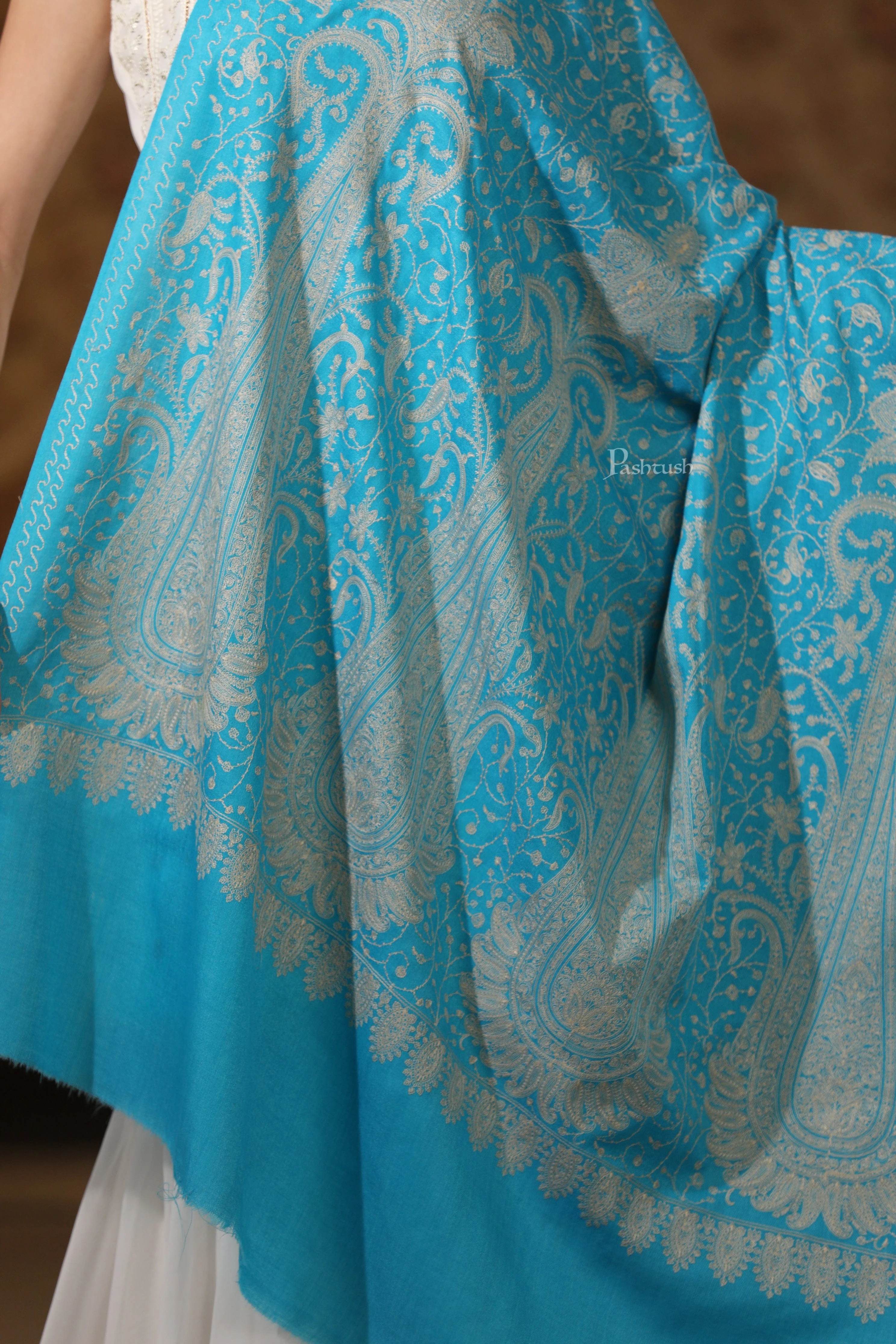Pashtush Womens Extra Fine Wool Shawl, Tone On Tone Embroidery Large Paisleys Design, Blue - Image 2