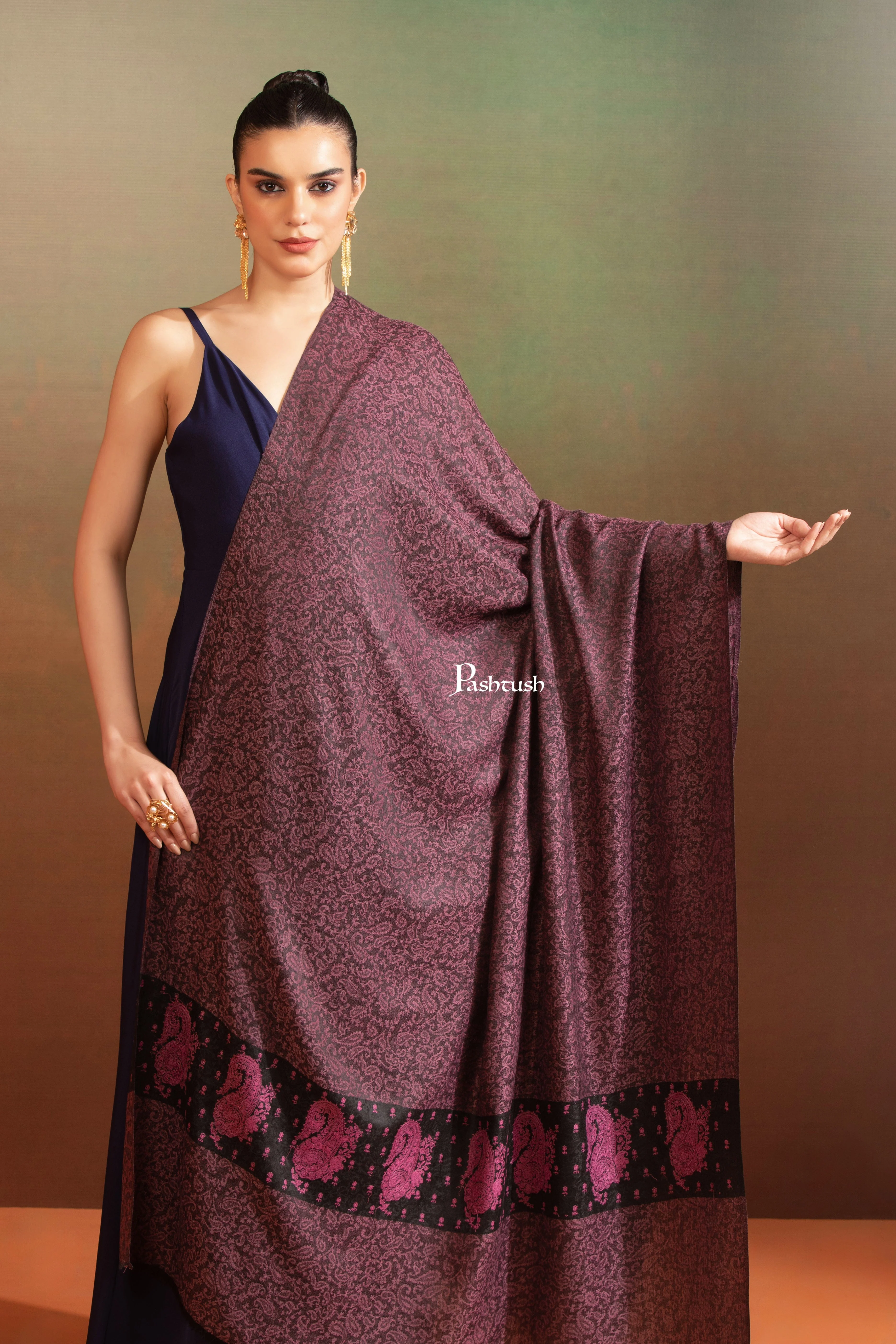 Pashtush Womens Extra Fine Wool Shawl, Tone On Tone Embroidery, Paisley Palla Design, Dark Pink