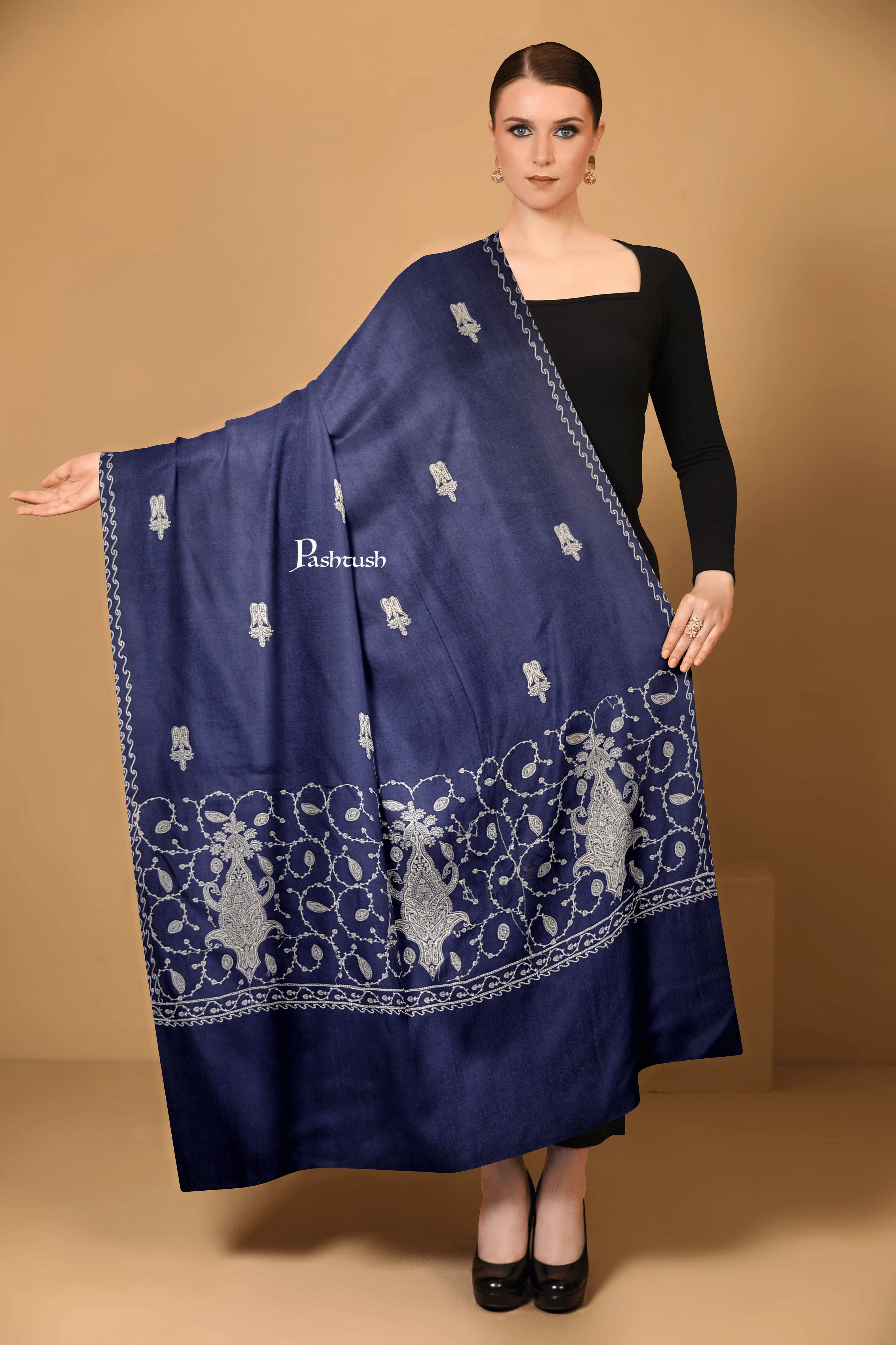 Pashtush Womens Extra Fine Wool Shawl, Tone On Tone Embroidery Palla Design, Blue - Image 2