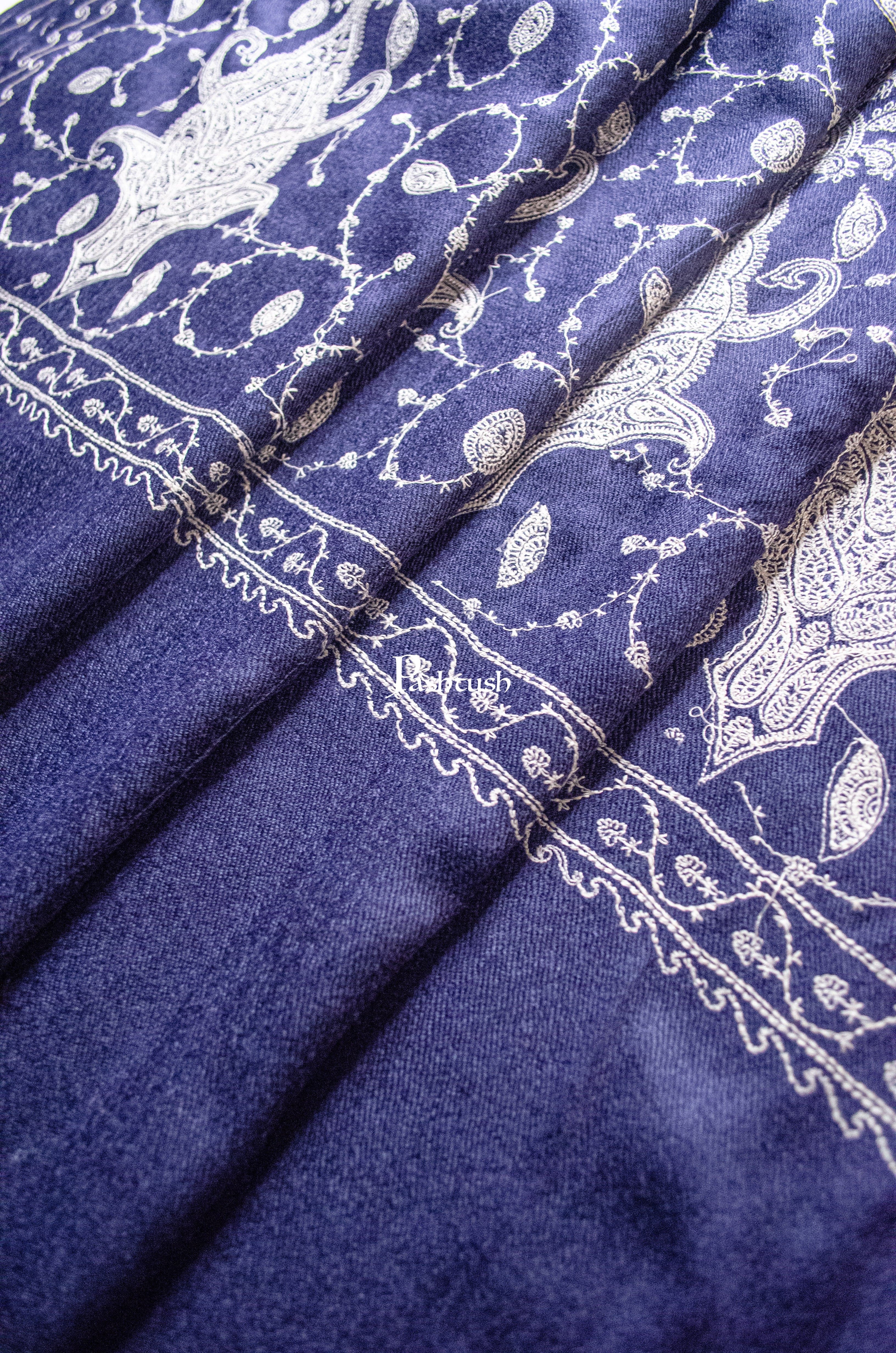 Pashtush Womens Extra Fine Wool Shawl, Tone On Tone Embroidery Palla Design, Blue - Image 3