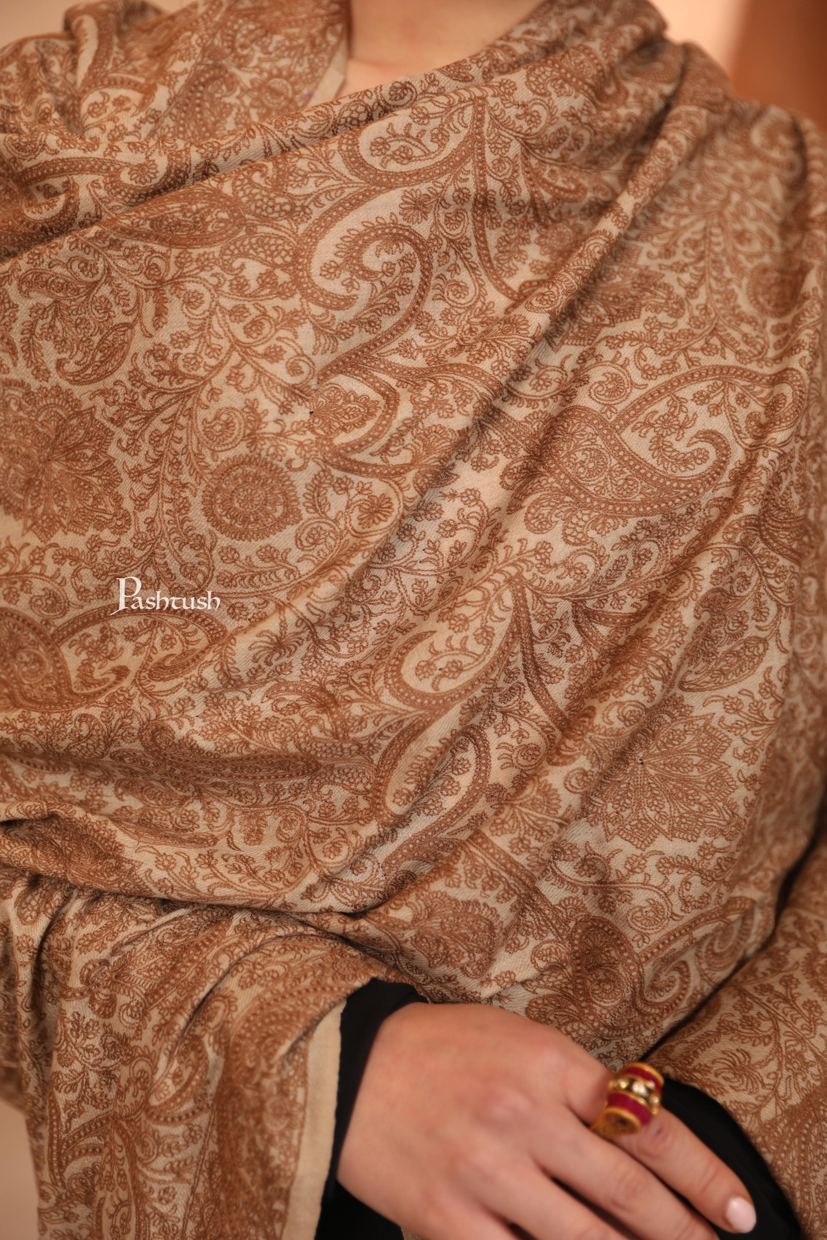 Pashtush Womens Extra Fine Wool Shawl, Tone On Tone Heavy Jaal Embroidery Design, Beige - Image 2