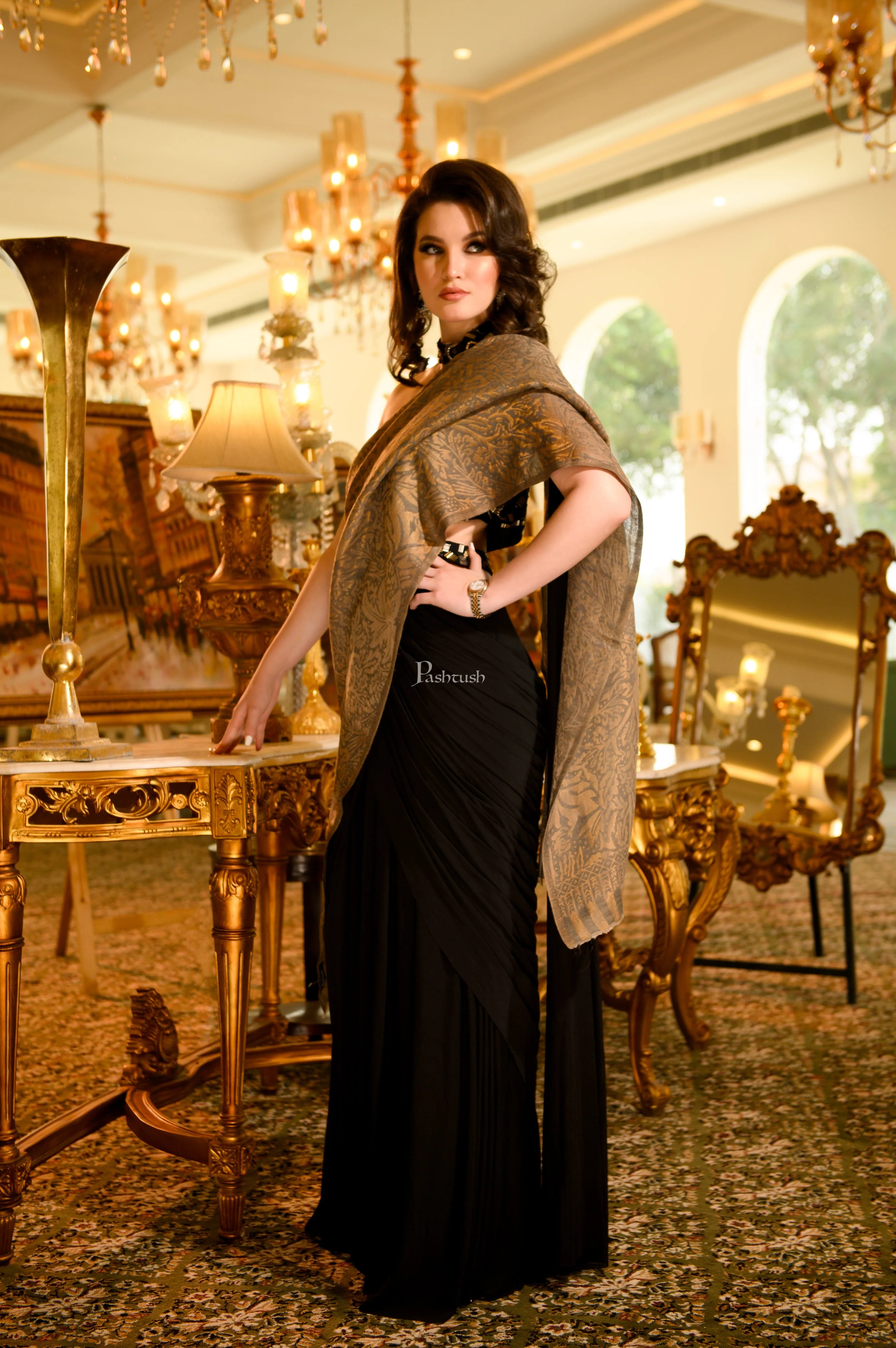 Pashtush Womens Extra Fine Wool Stole, Twilight Reversible Design, Dark Grey - Image 4