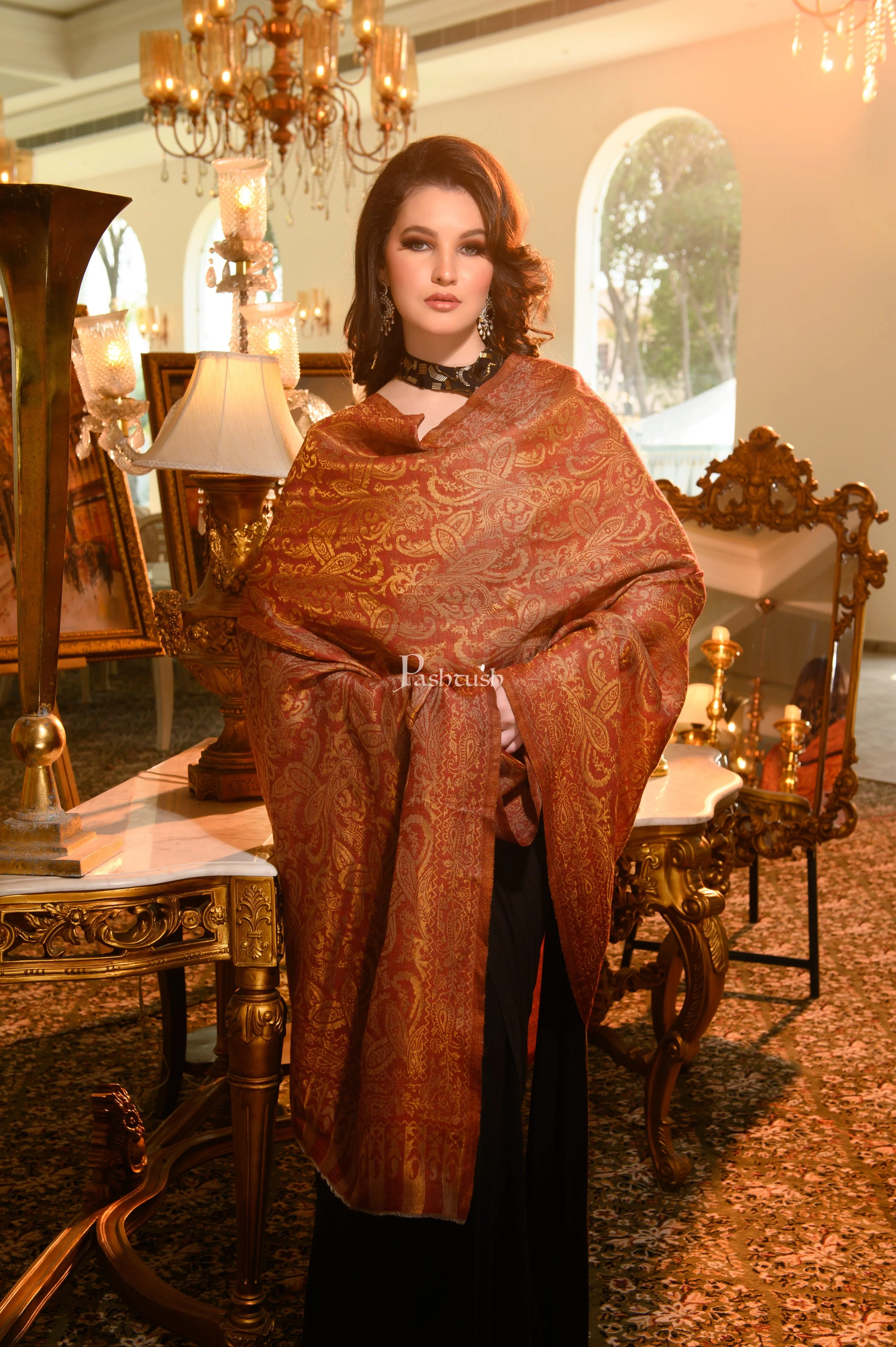 Pashtush Womens Extra Fine Wool Shawl, Twilight Reversible Design, Maroon - Image 4