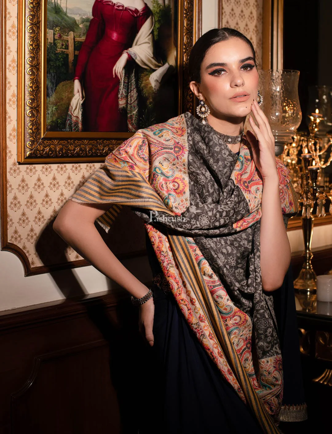 Pashtush womens Extra Fine Wool shawl, With Embroidered Ethnic Palla design, Black