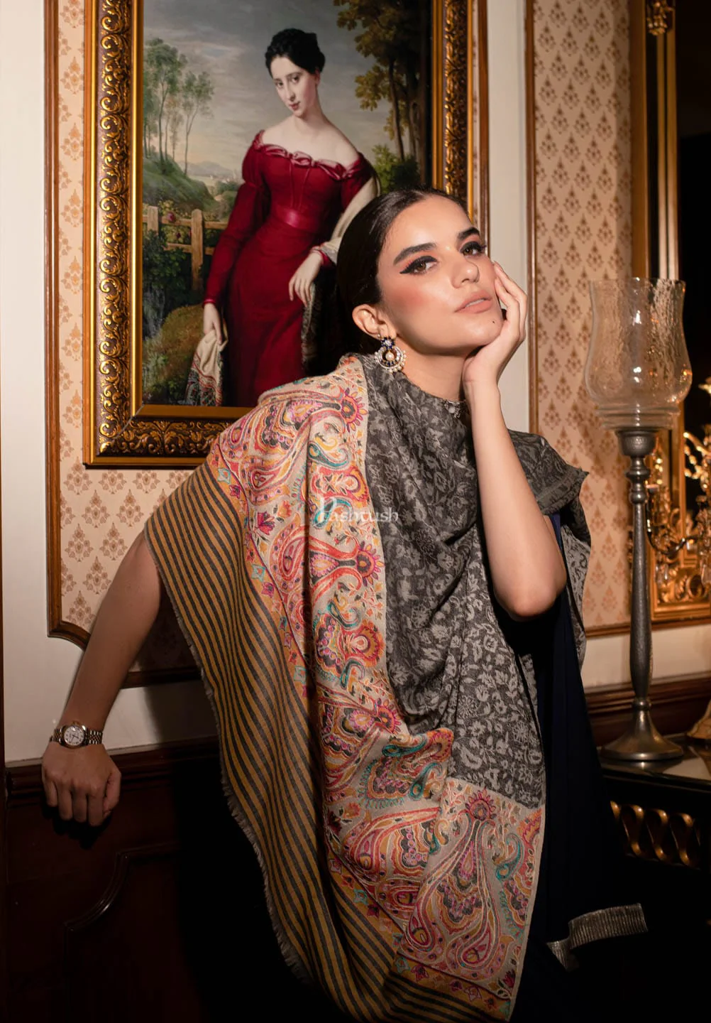 Pashtush womens Extra Fine Wool shawl, With Embroidered Ethnic Palla design, Black - Image 2