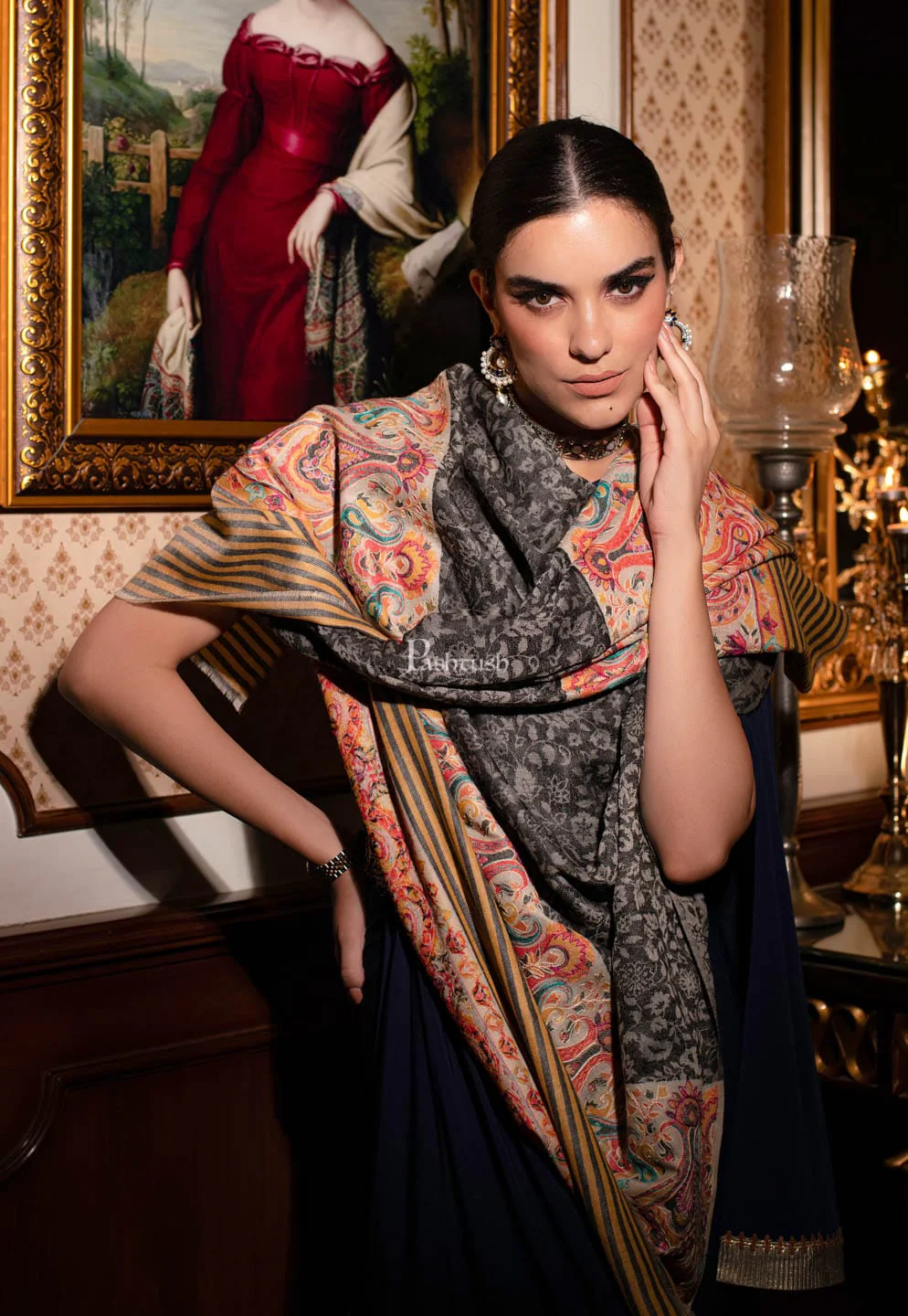 Pashtush womens Extra Fine Wool shawl, With Embroidered Ethnic Palla design, Black - Image 3