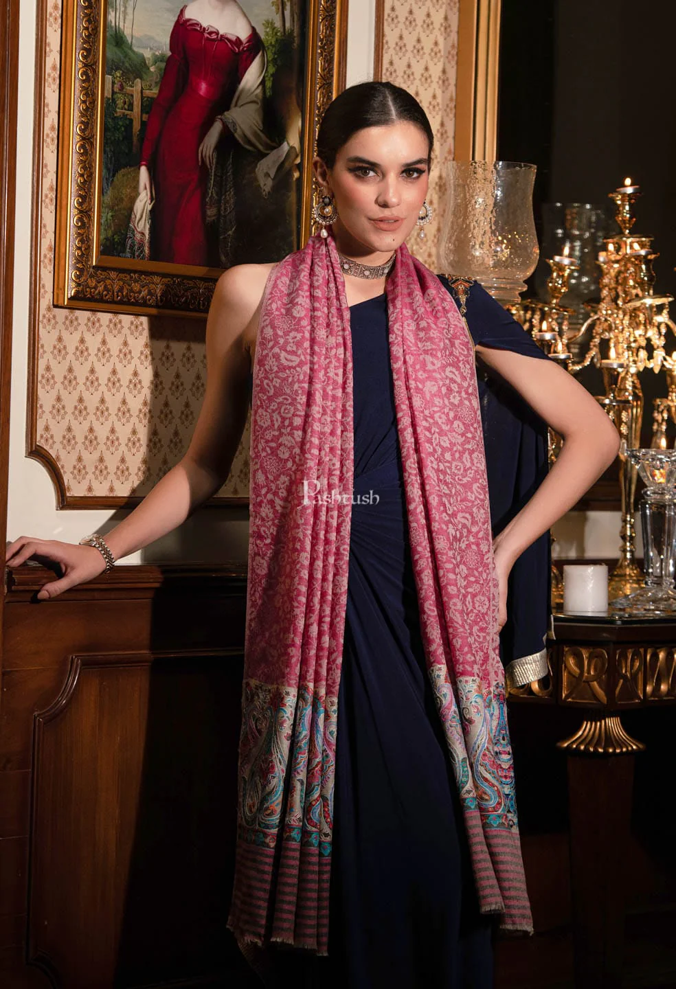 Pashtush womens Extra Fine Wool shawl, With Embroidered Ethnic Palla design, Pink - Image 3