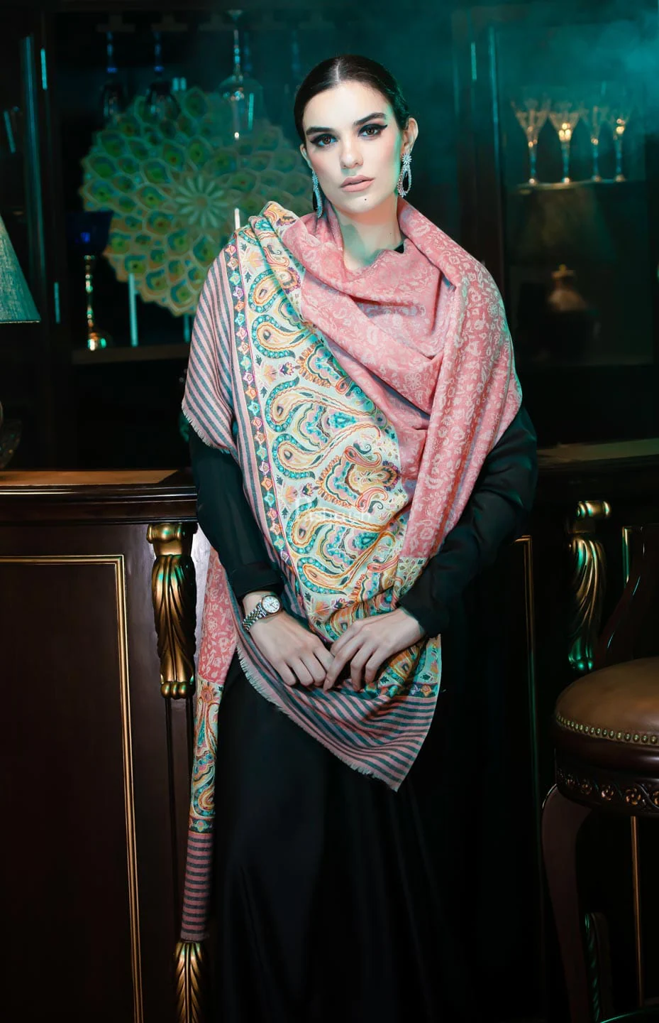 Pashtush womens Extra Fine Wool shawl, With Embroidered Ethnic Palla design, Soft and Warm, Multicolour