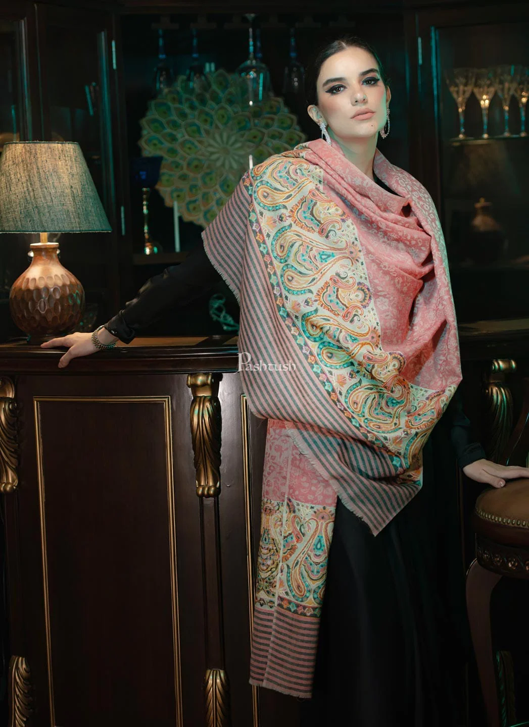 Pashtush womens Extra Fine Wool shawl, With Embroidered Ethnic Palla design, Soft and Warm, Multicolour - Image 2