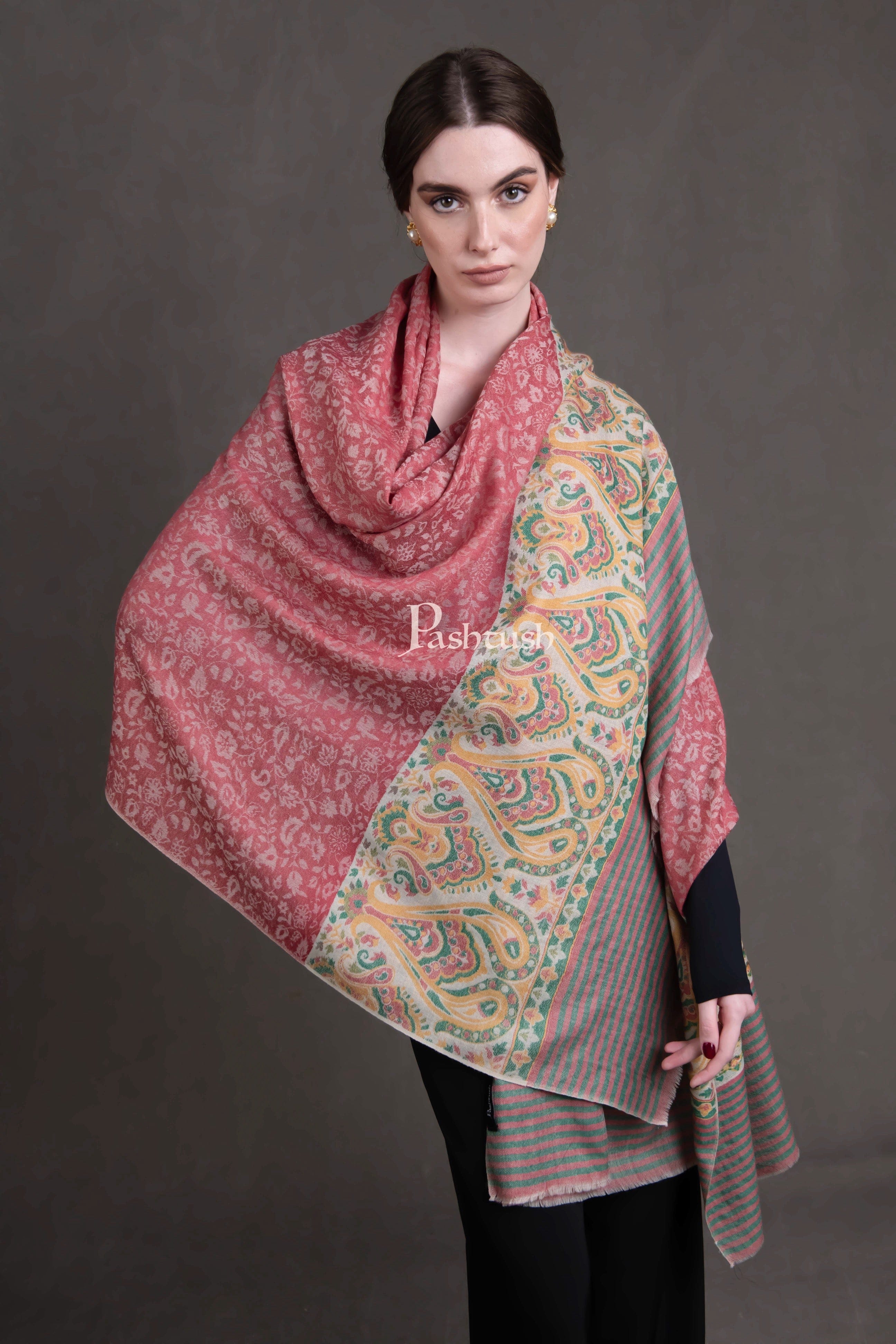 Pashtush Womens Extra Fine Wool Shawl, Woven Ethnic Palla Design, Rose - Image 3