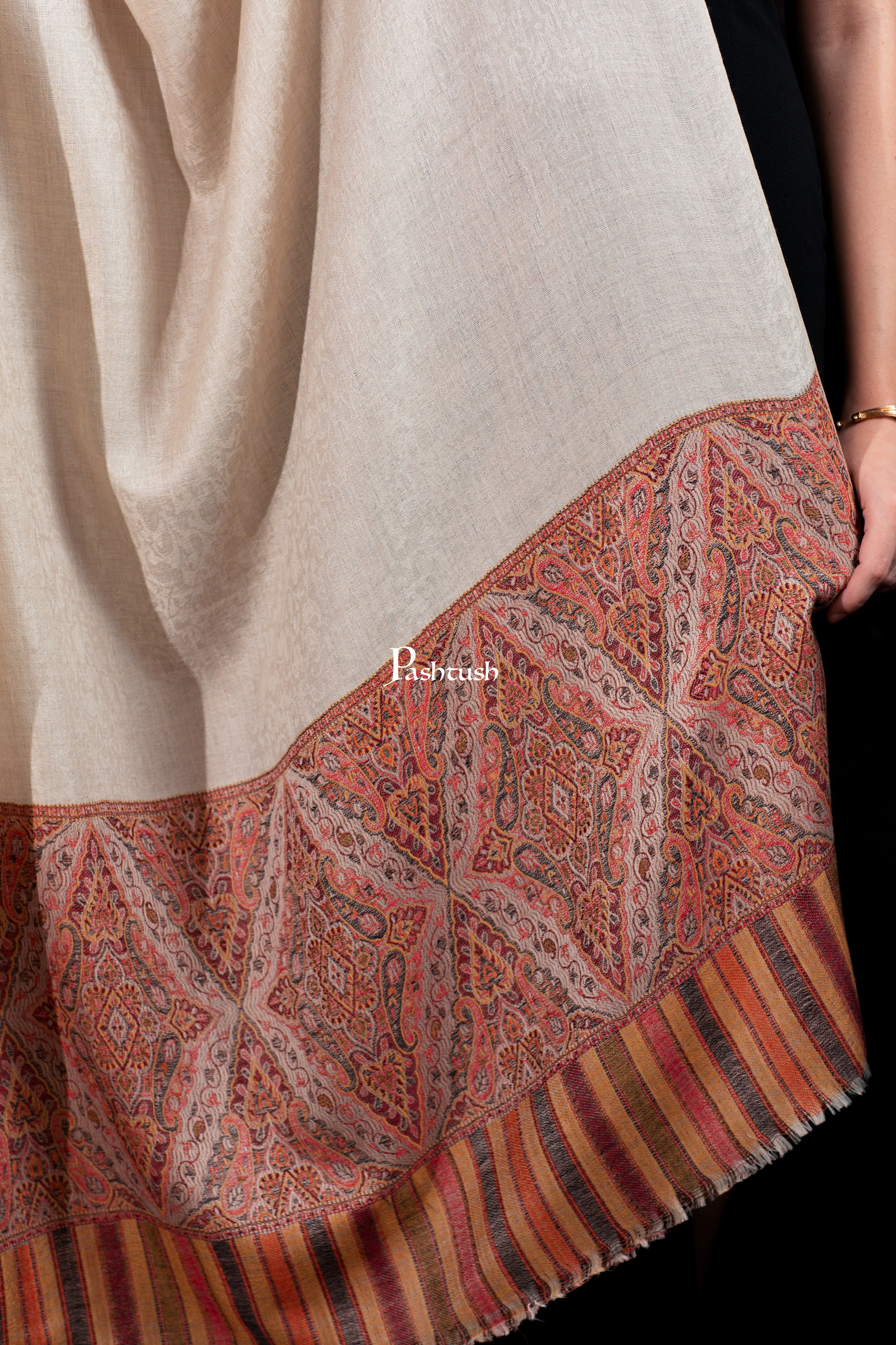Pashtush Womens Extra Fine Wool Shawl, Woven Palla, Aztec Design, Beige - Image 2