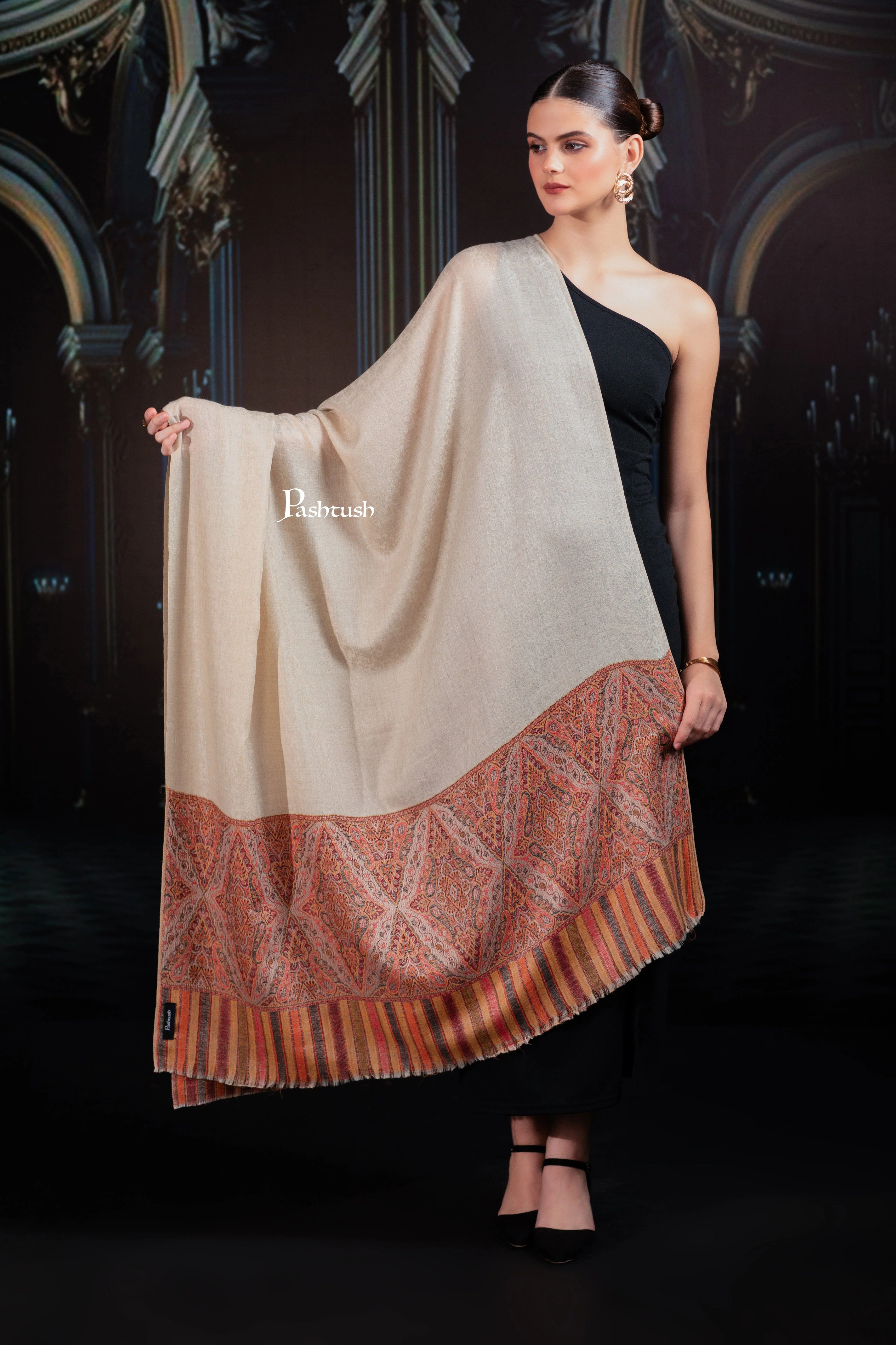 Pashtush Womens Extra Fine Wool Shawl, Woven Palla, Aztec Design, Beige - Image 3