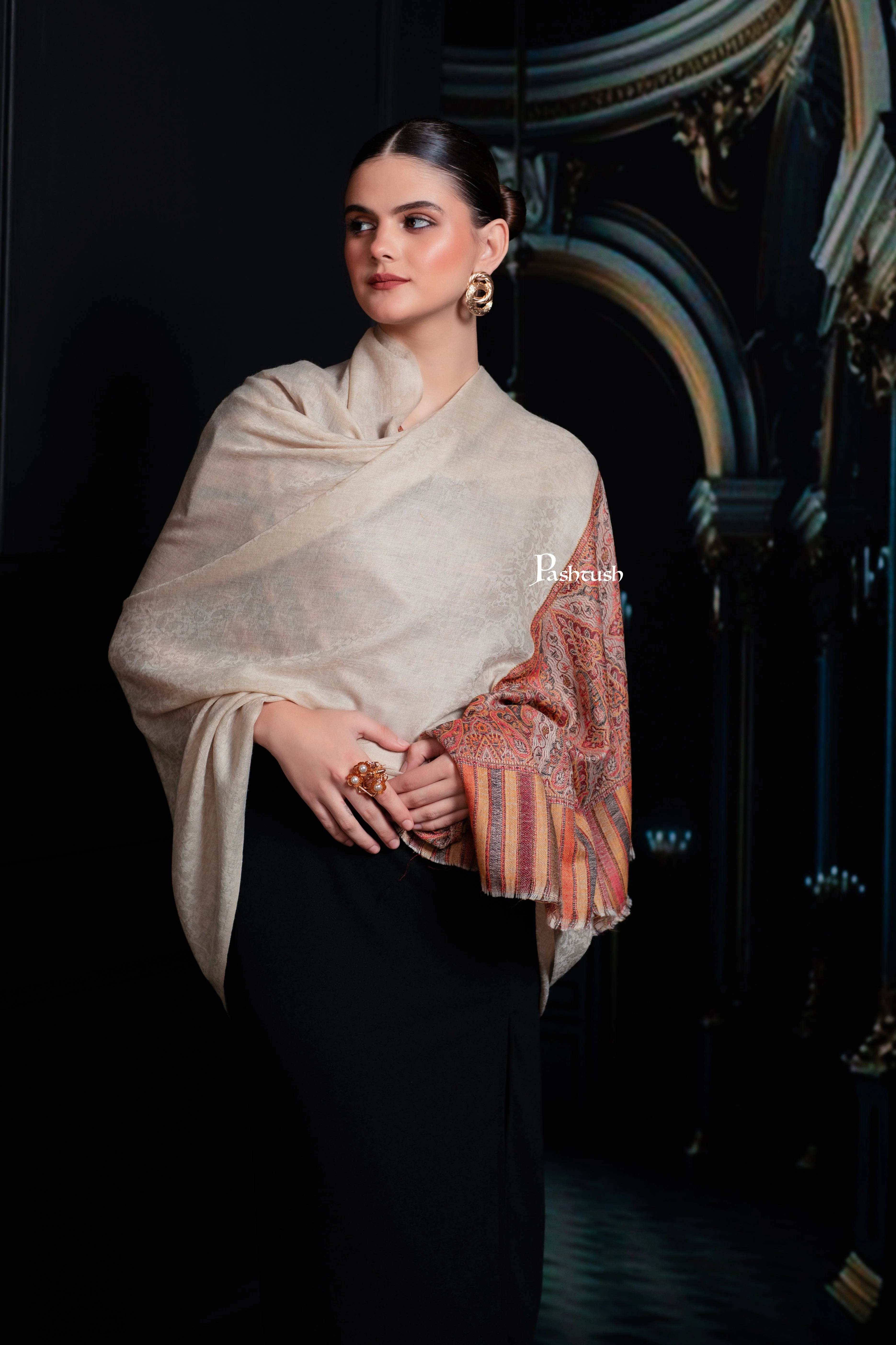 Pashtush Womens Extra Fine Wool Shawl, Woven Palla, Aztec Design, Beige - Image 4