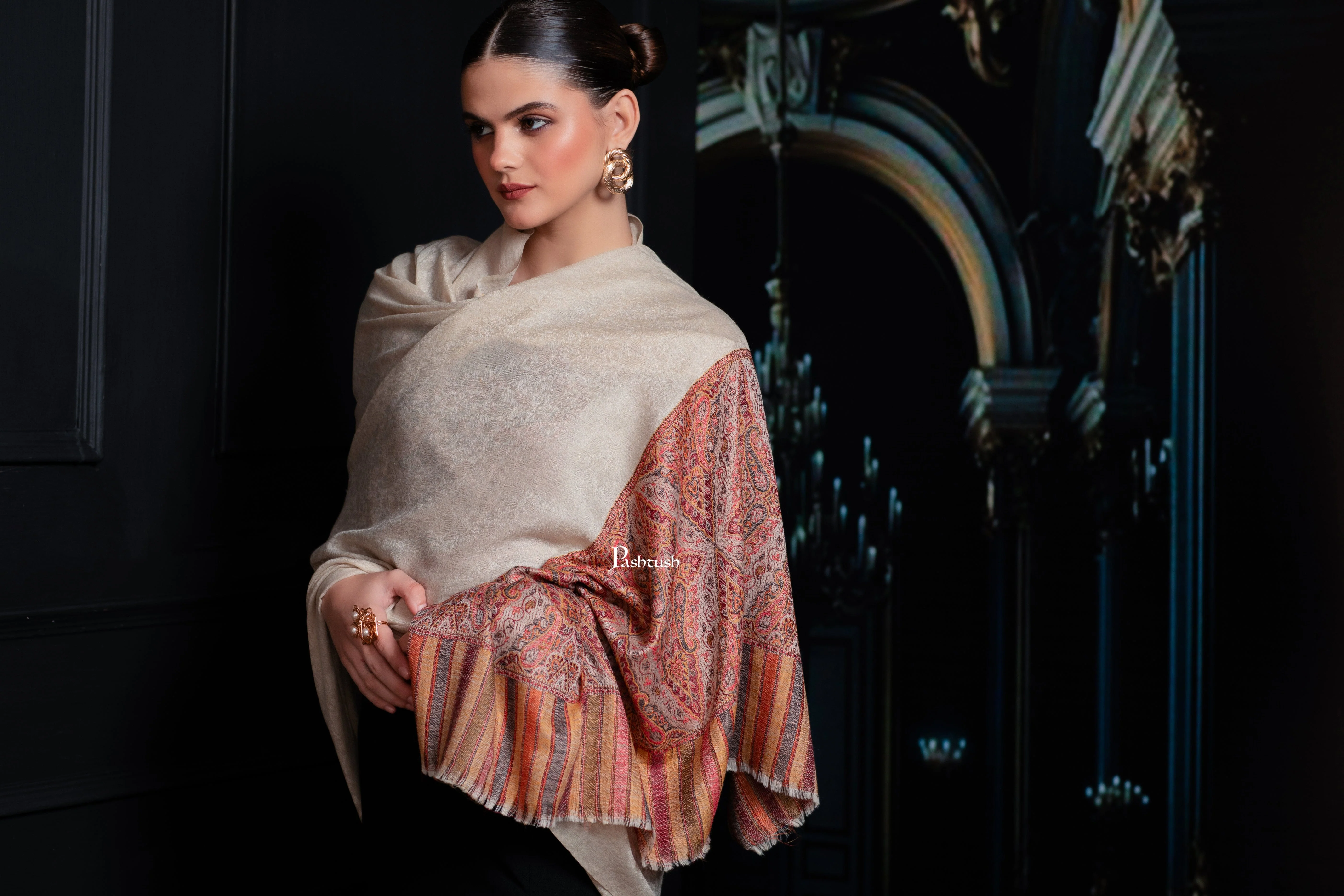 Pashtush Womens Extra Fine Wool Shawl, Woven Palla, Aztec Design, Beige - Image 5