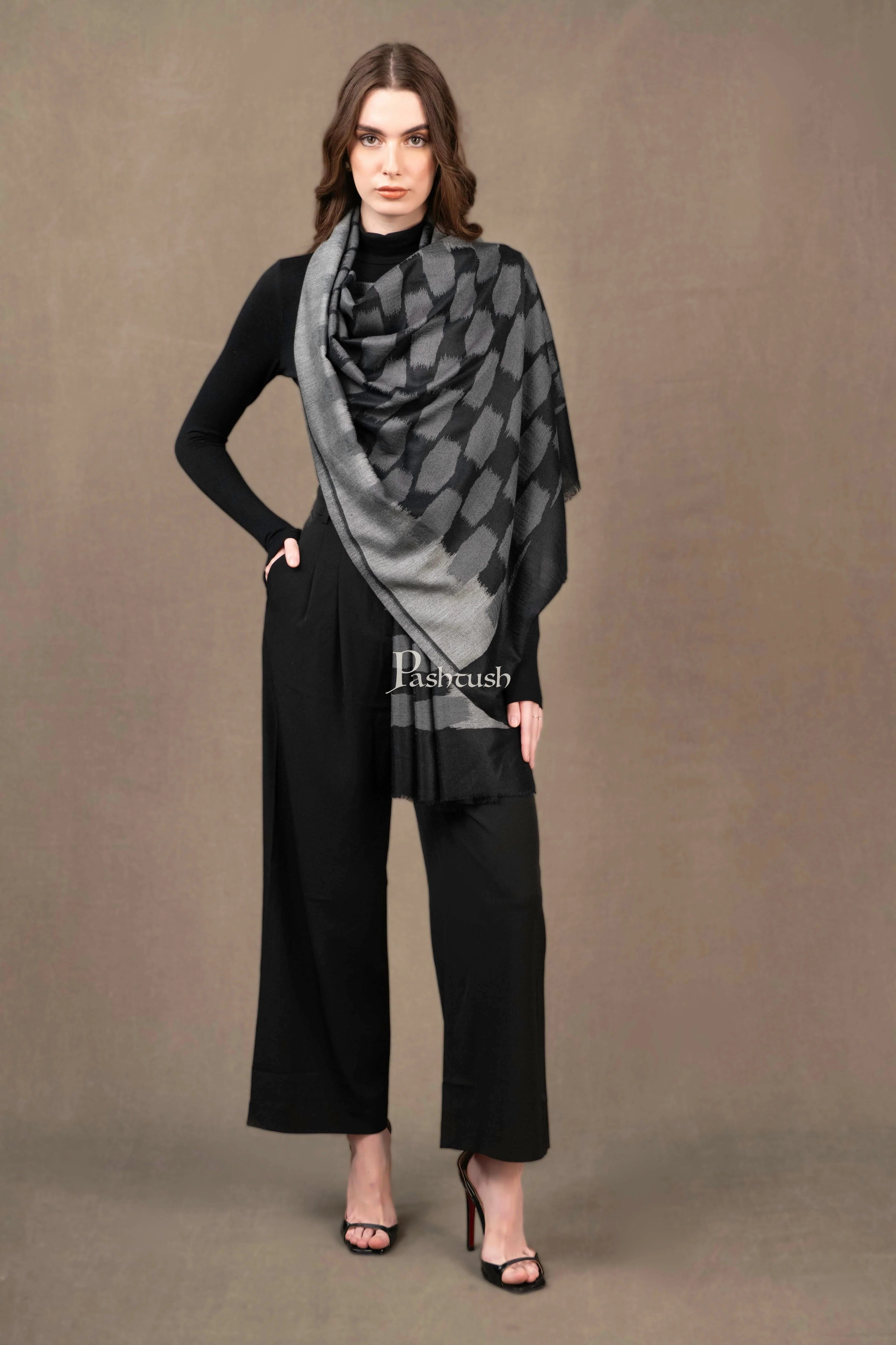 Pashtush Womens Extra Fine Wool Silk Stole, Ikkat Design, Black And Grey - Image 4