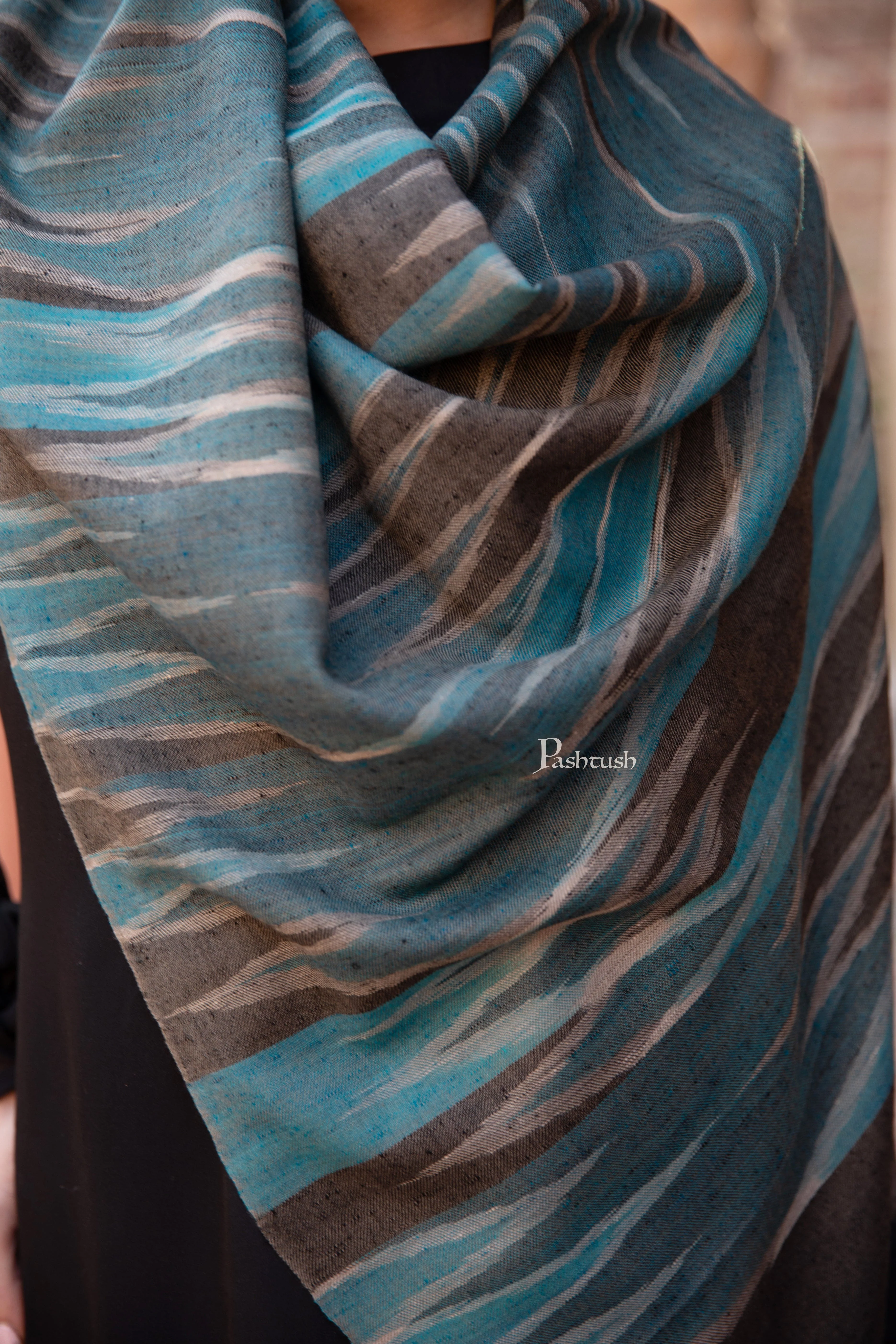 Pashtush Womens Pure Pashmina Stole, Ikkat Design, Blue