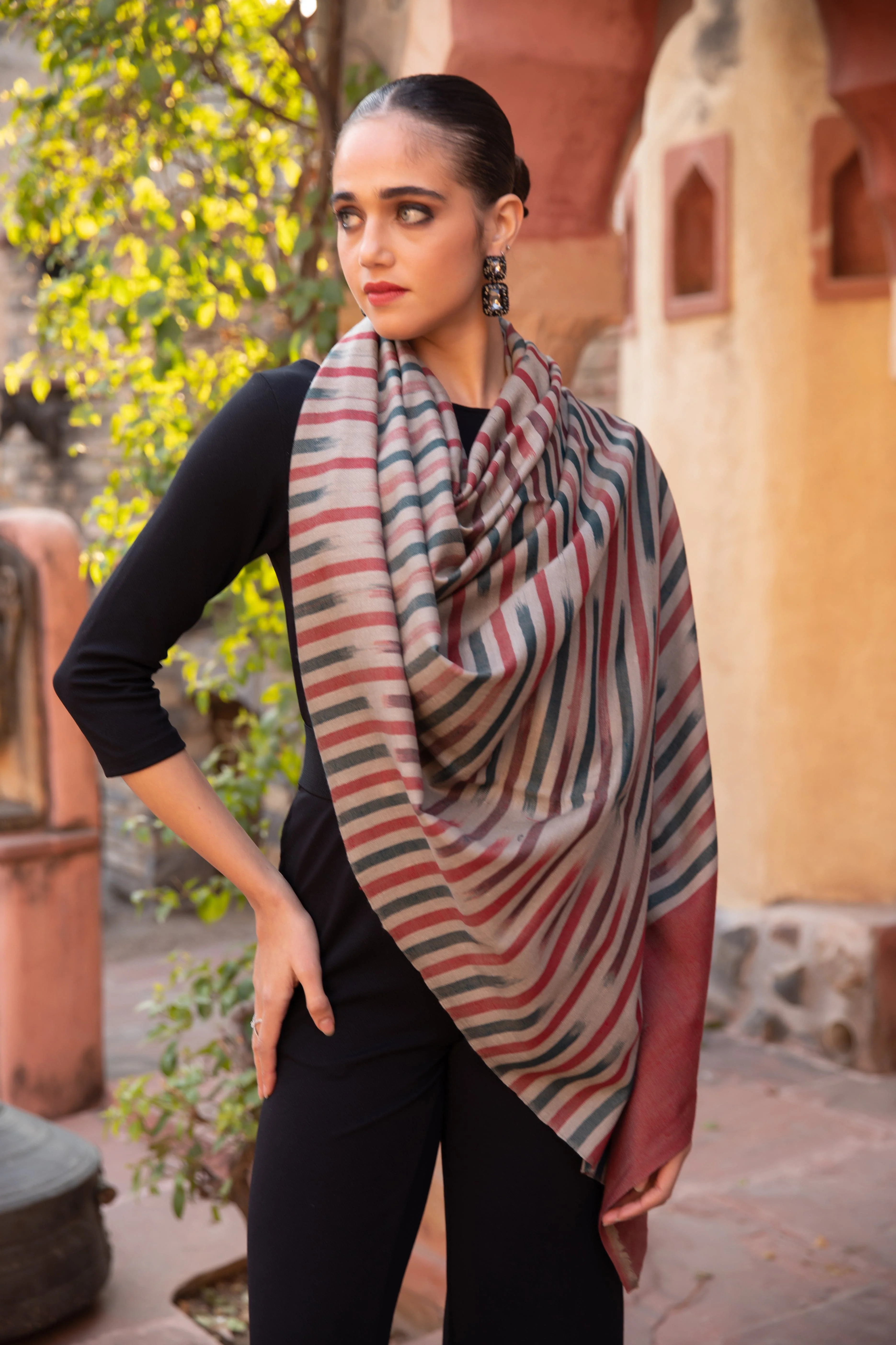 Pashtush Womens Pure Pashmina Shawl, Ikkat Design, Red - Image 2