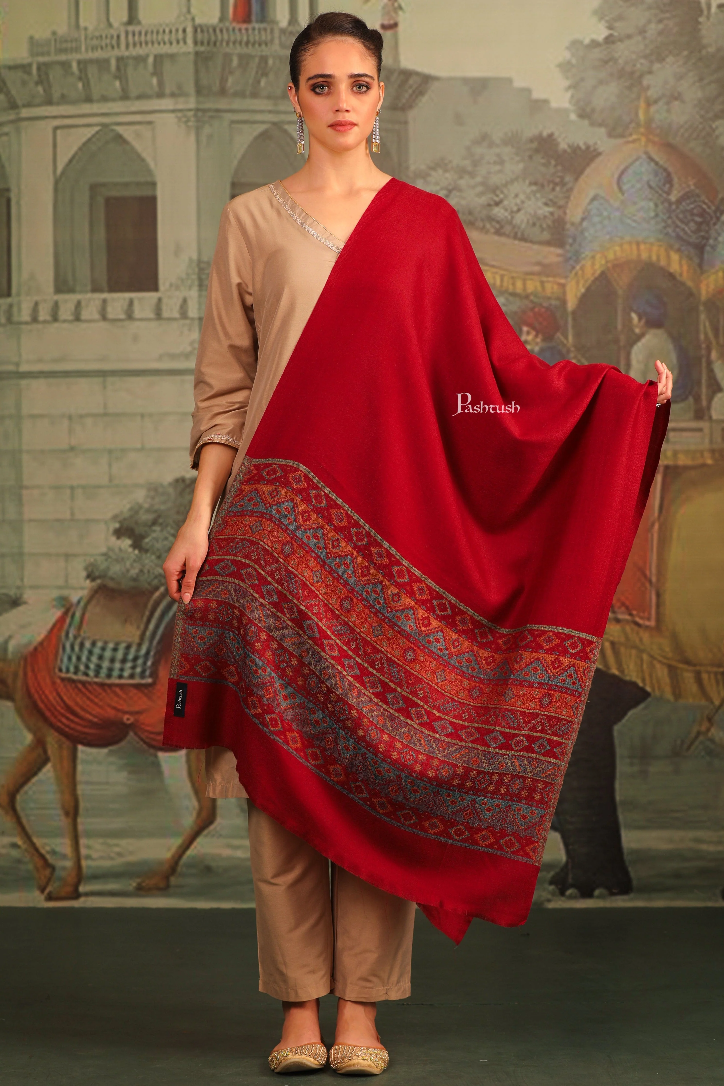 Pashtush Womens Extra Fine Wool Stole, Aztec Design, Maroon