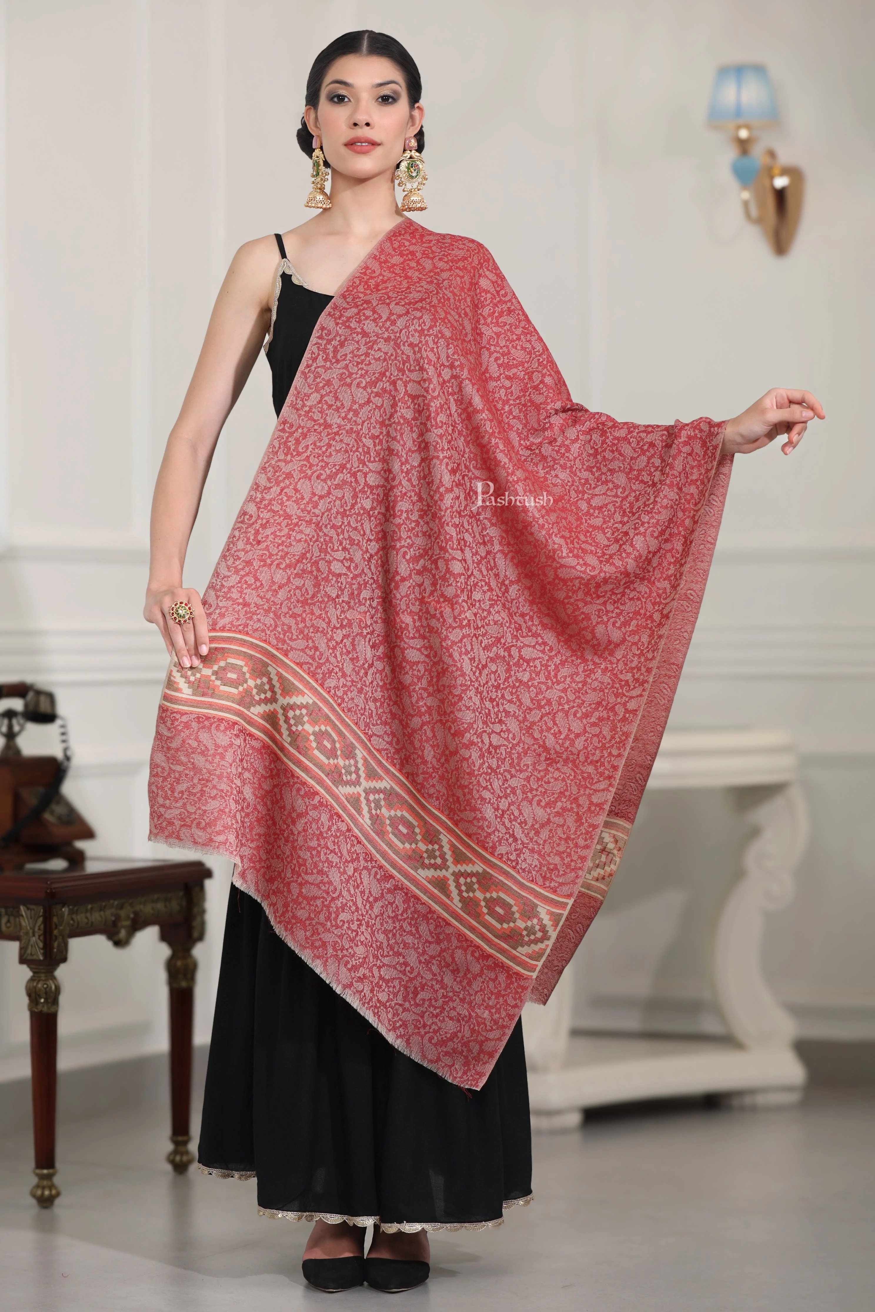 Pashtush Womens Extra Fine Wool Stole, Aztec Weave Design, Maroon