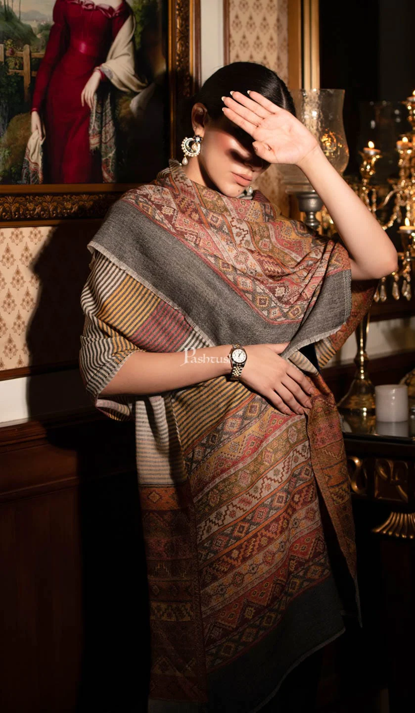 Pashtush womens Extra Fine Wool Stole, Aztec Weave, Reversible design, Multicolour - Image 4