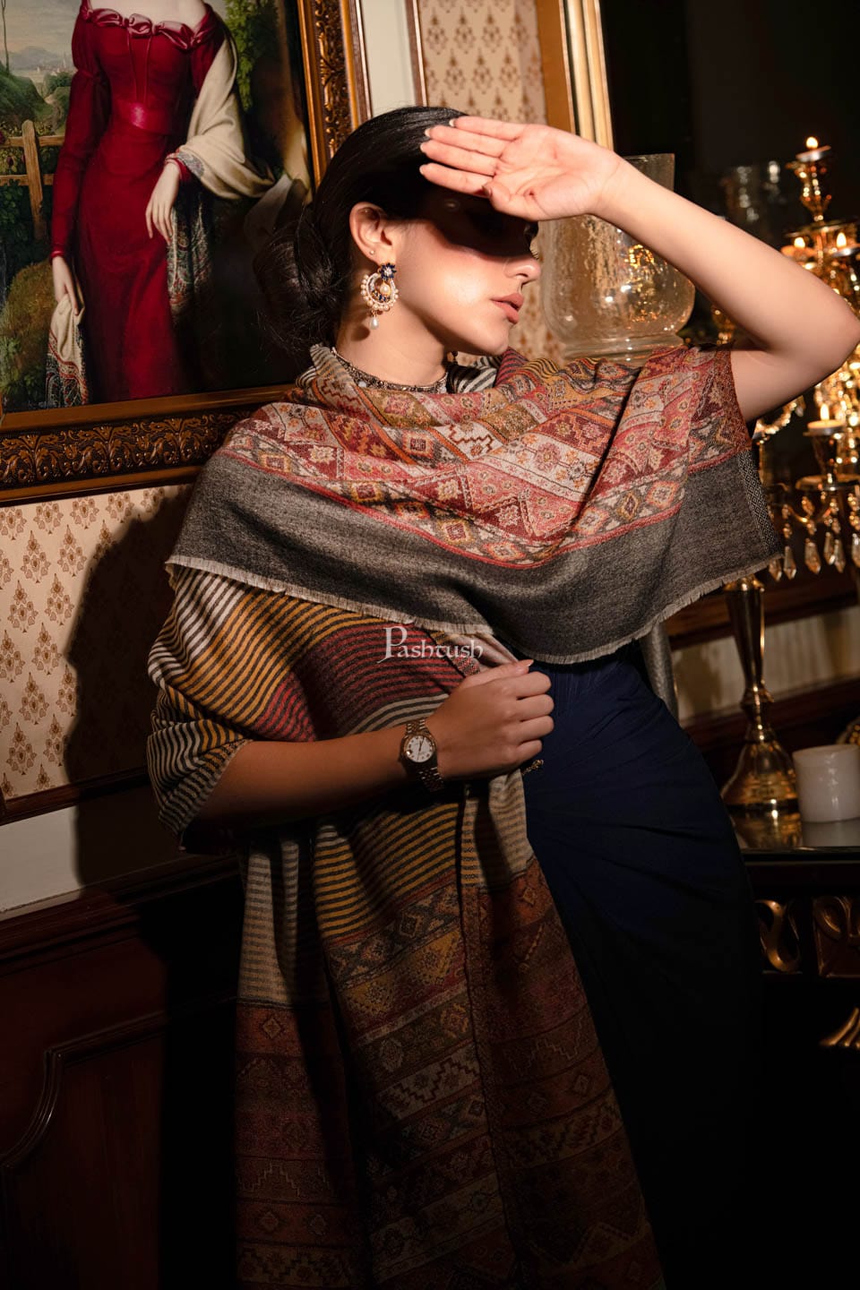 Pashtush womens Extra Fine Wool Stole, Aztec Weave, Reversible design, Multicolour - Image 6