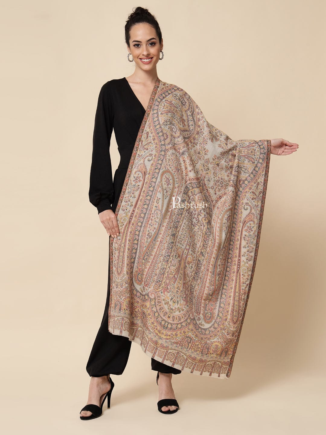 Pashtush womens Extra Fine Wool stole, beige - Image 3