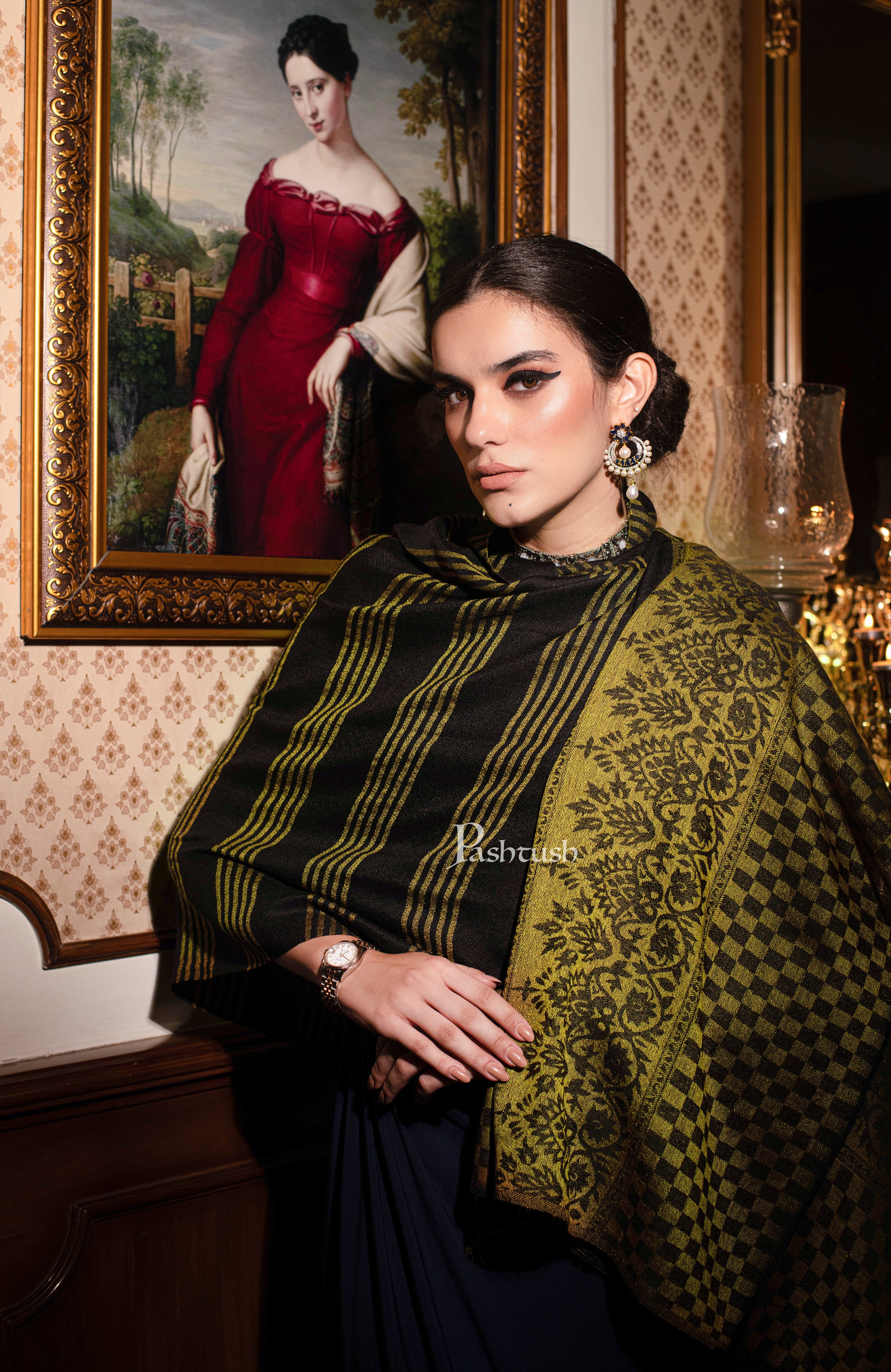 Pashtush womens Extra Fine Wool Stole, check design, Black And Mustard