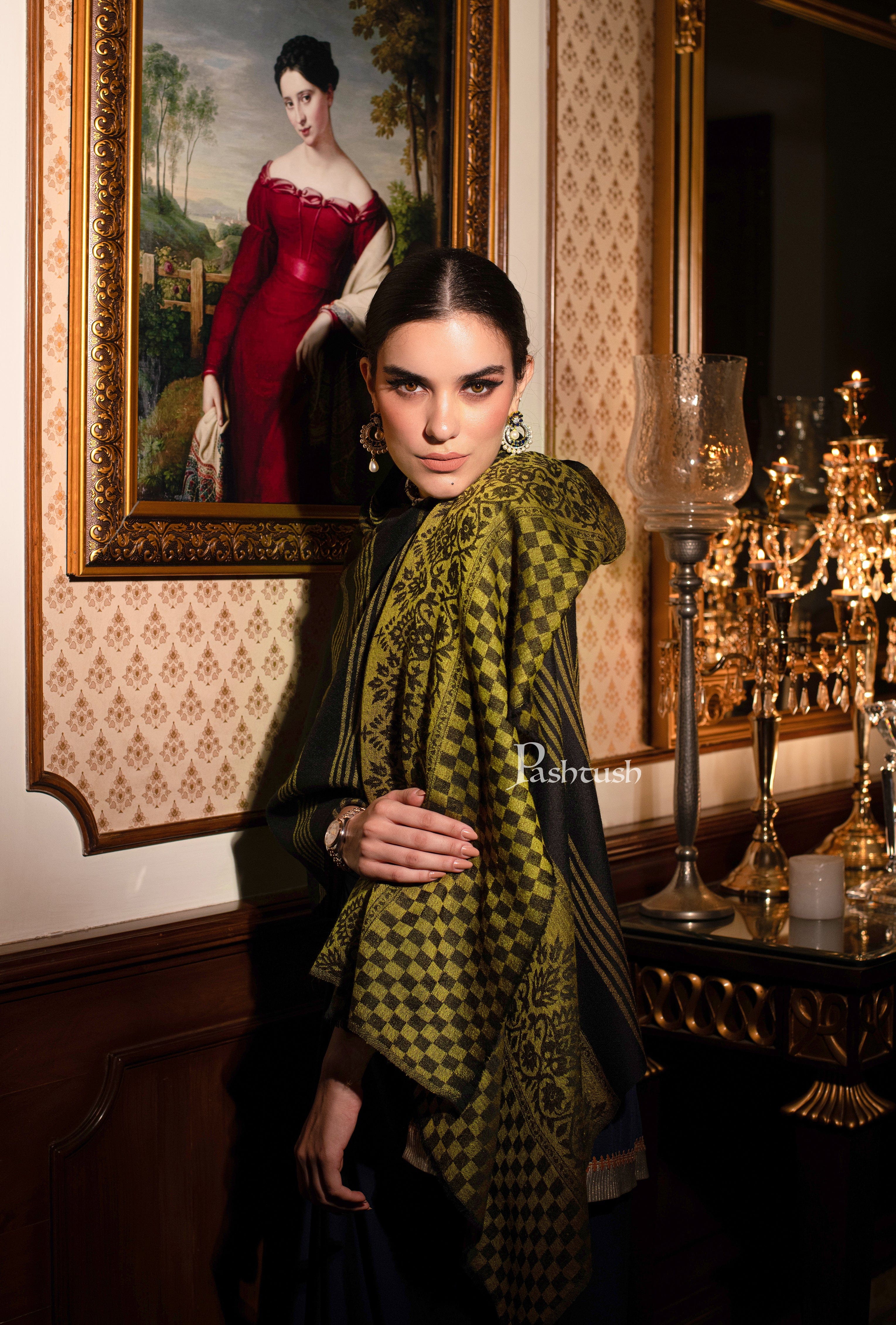 Pashtush womens Extra Fine Wool Stole, check design, Black And Mustard - Image 2