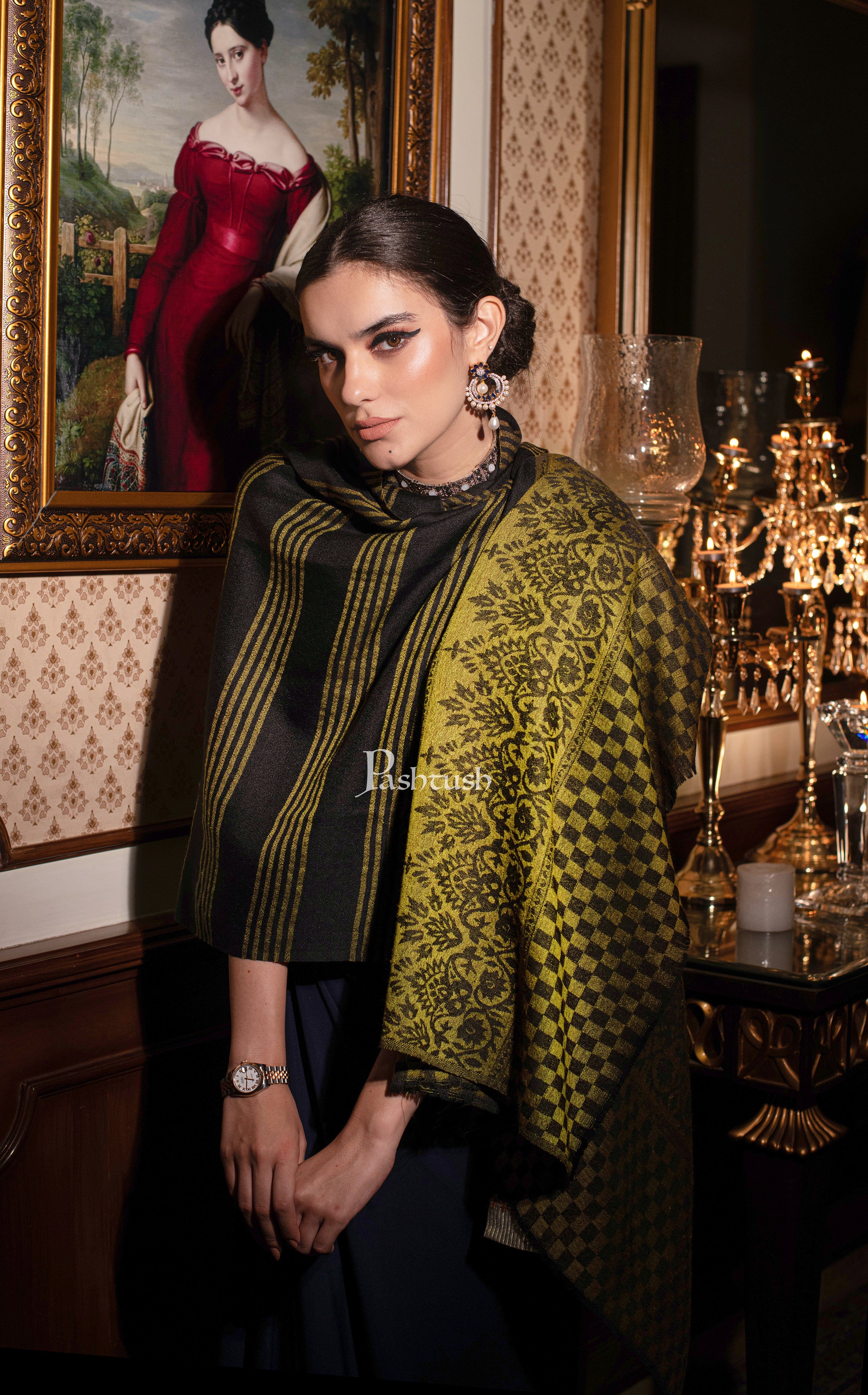 Pashtush womens Extra Fine Wool Stole, check design, Black And Mustard - Image 3