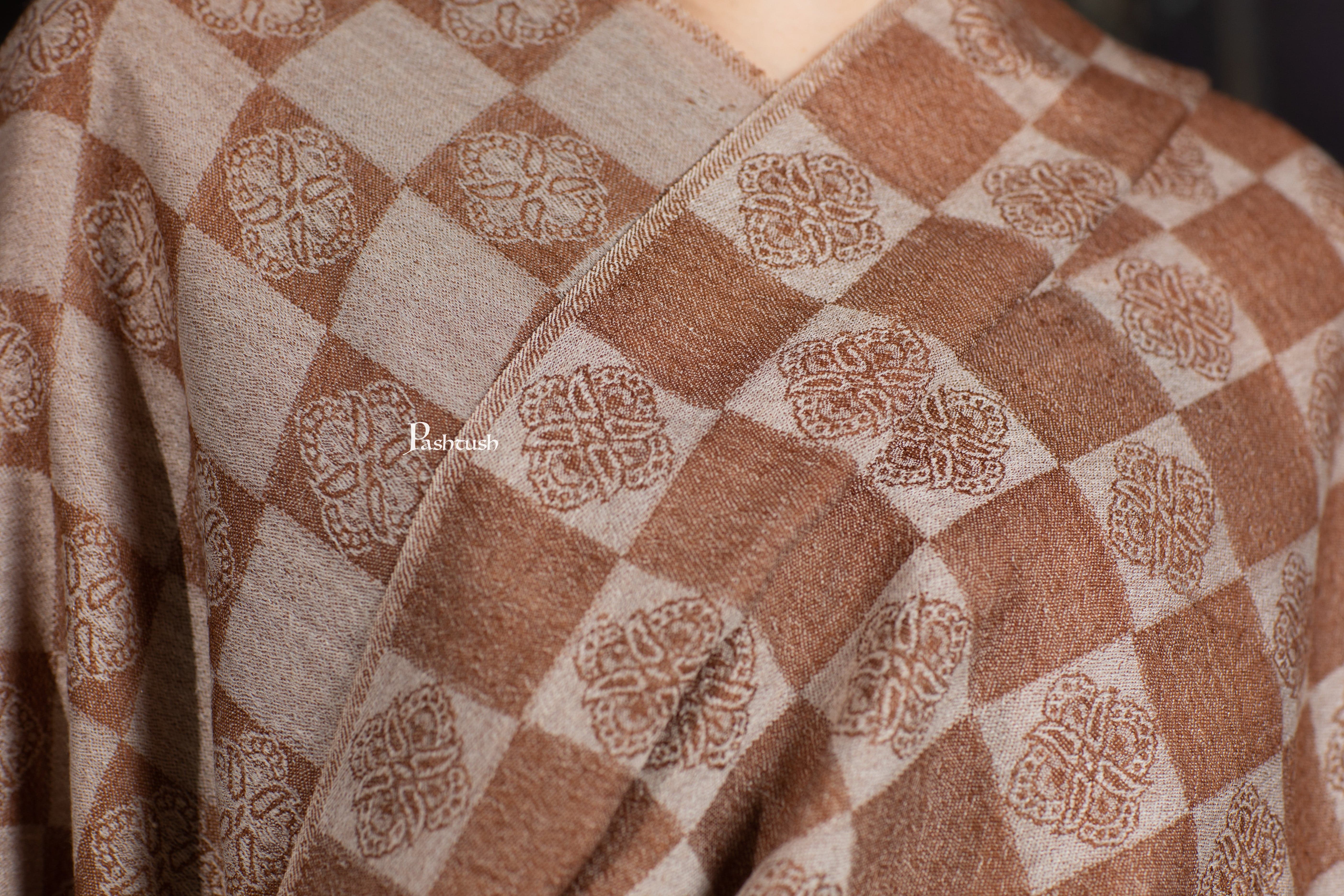 Pashtush Womens Extra Fine Wool Stole, Checkered Design, Coffee And Beige - Image 8