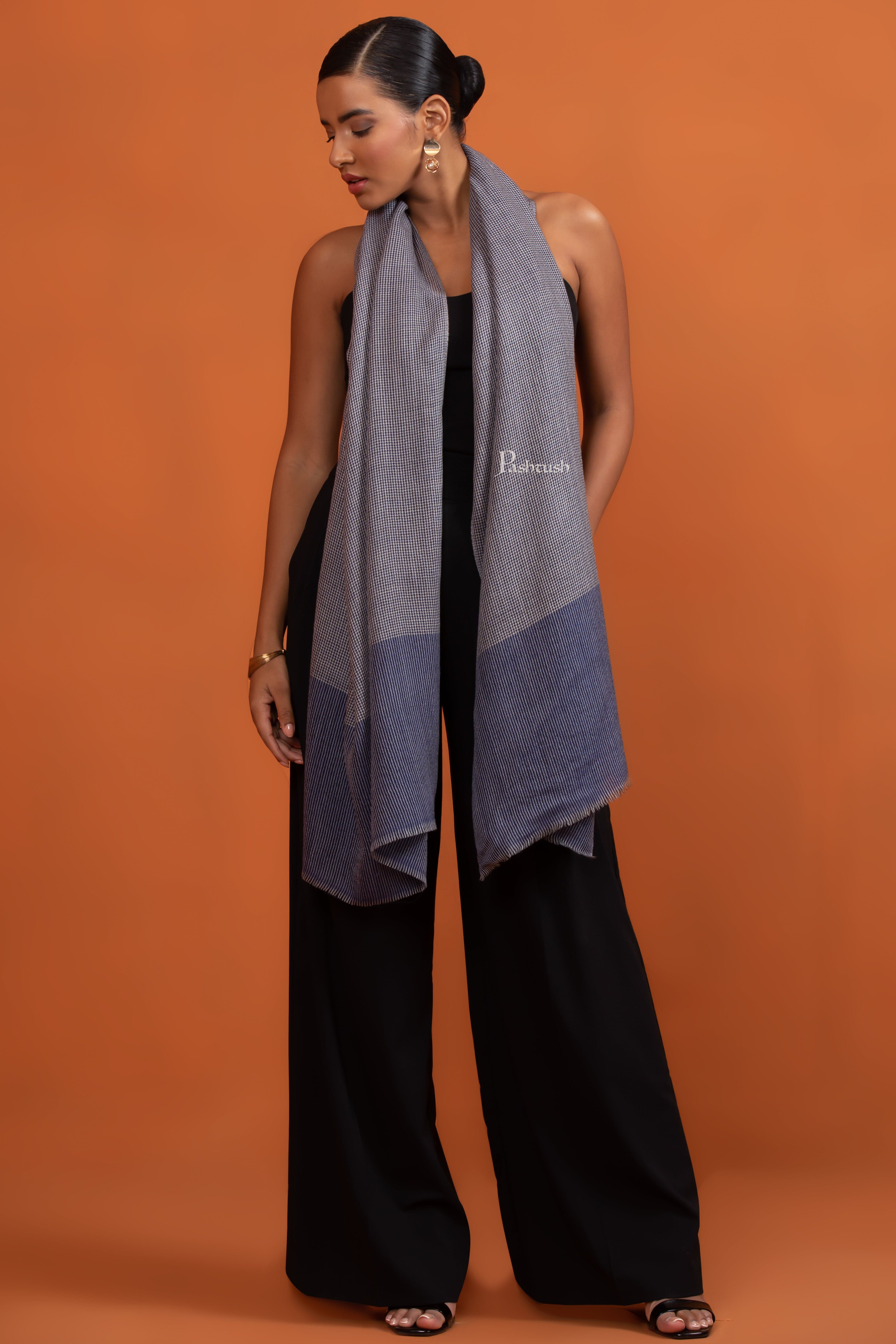 Pashtush Womens Extra Fine Wool Stole, Checkered Design, Grey