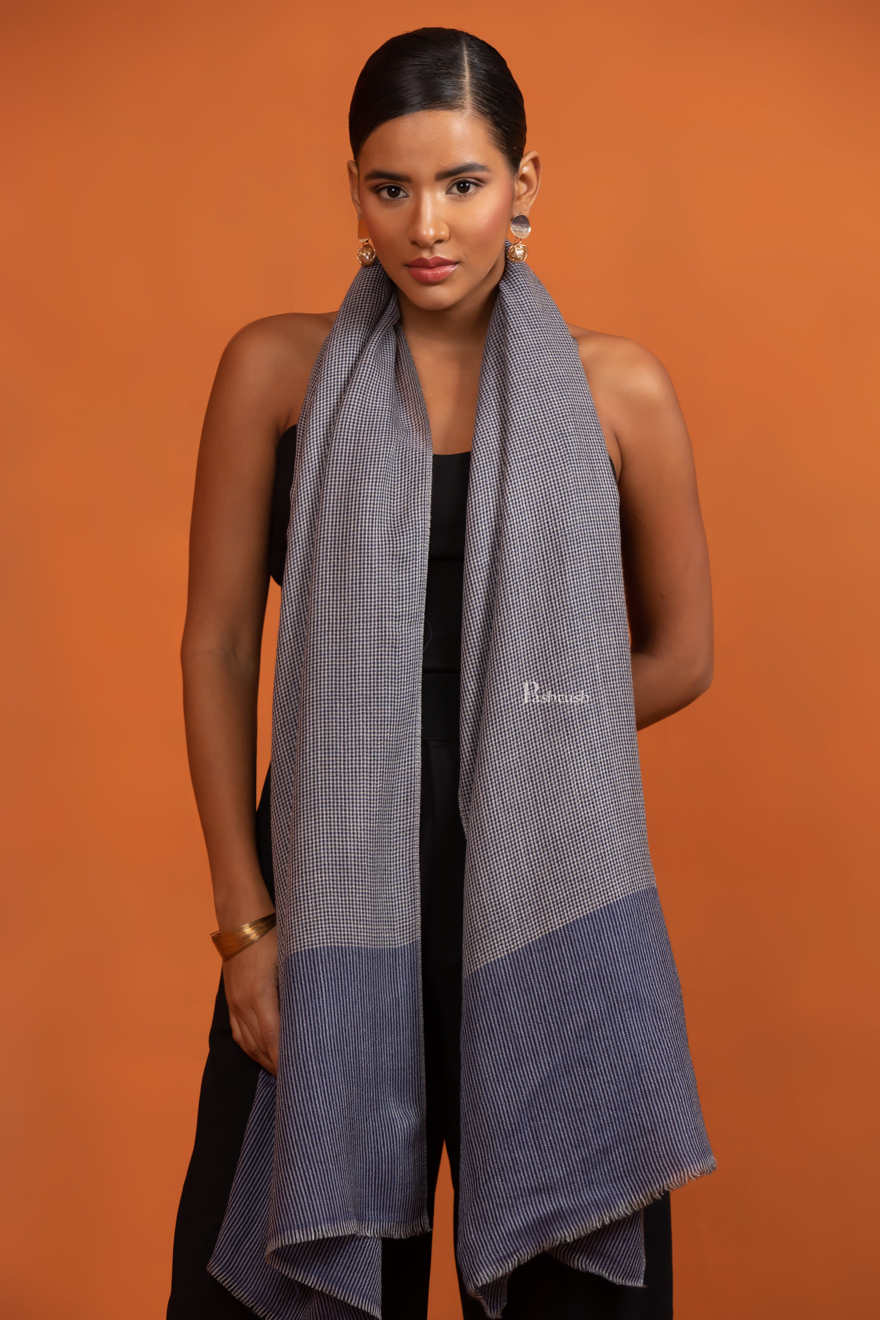 Pashtush Womens Extra Fine Wool Stole, Checkered Design, Grey - Image 3