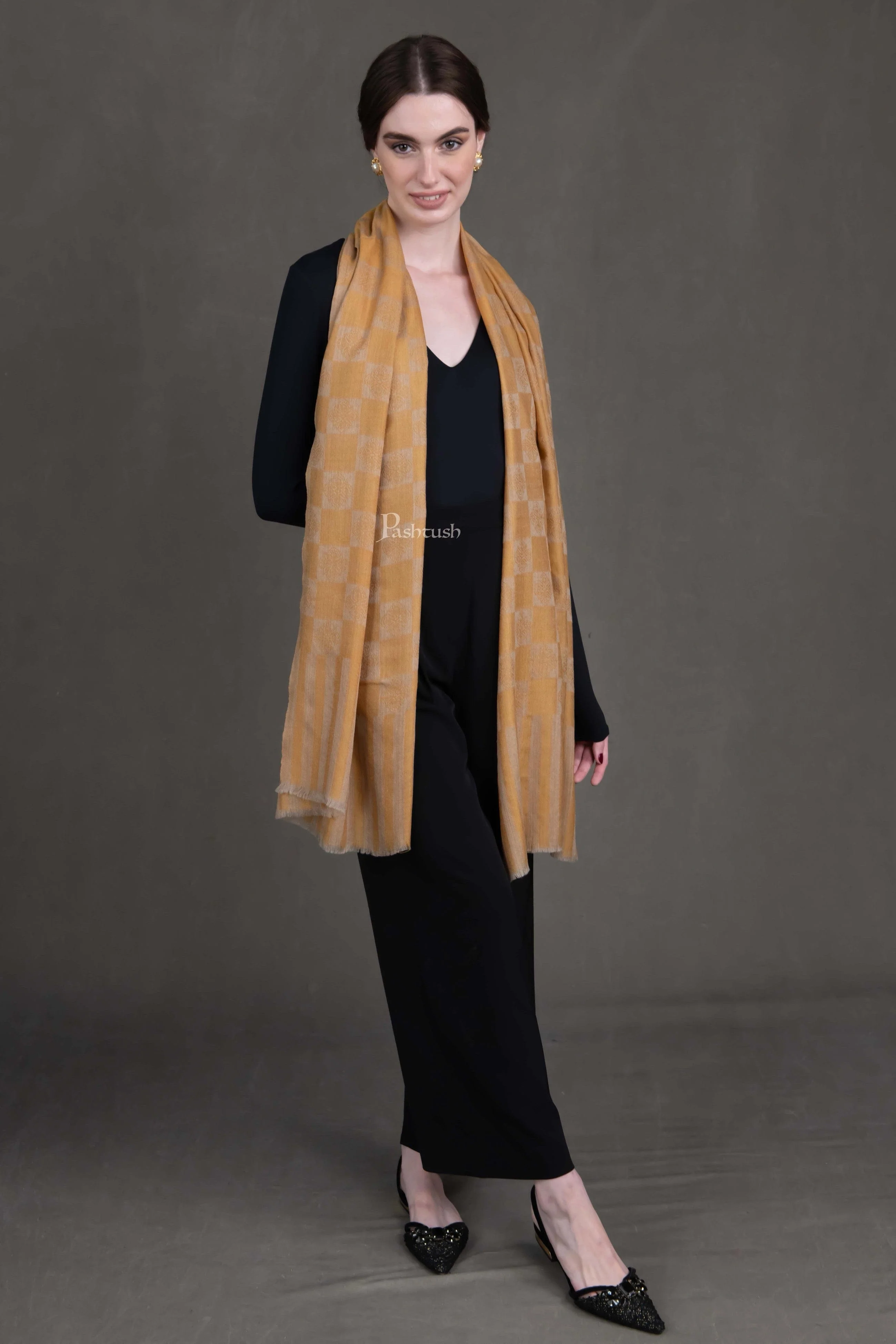 Pashtush Womens Extra Fine Wool Stole, Checkered Design, Mustard - Image 2
