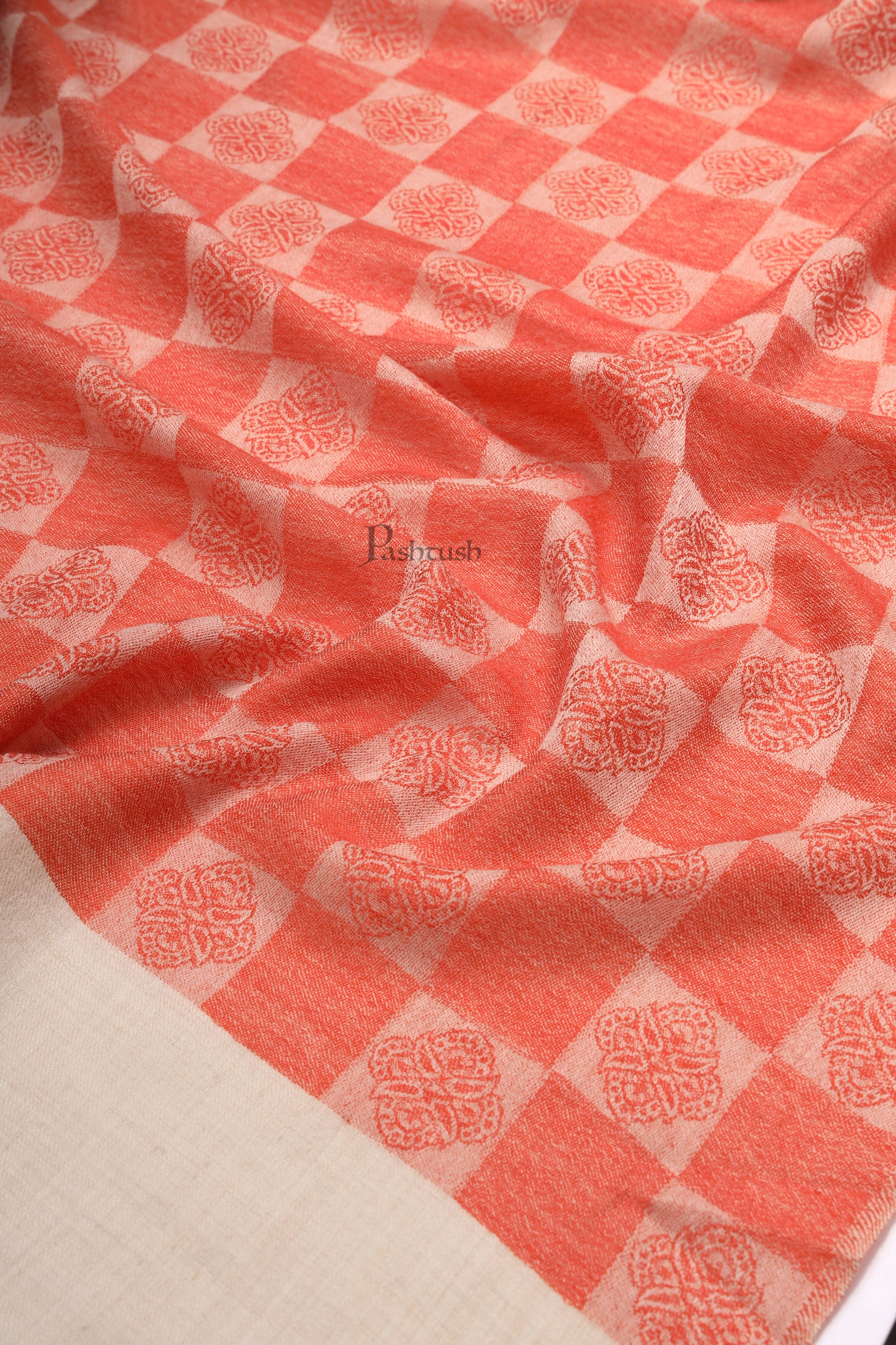 Pashtush Womens Extra Fine Wool Stole, Checkered Design, Orange - Image 2