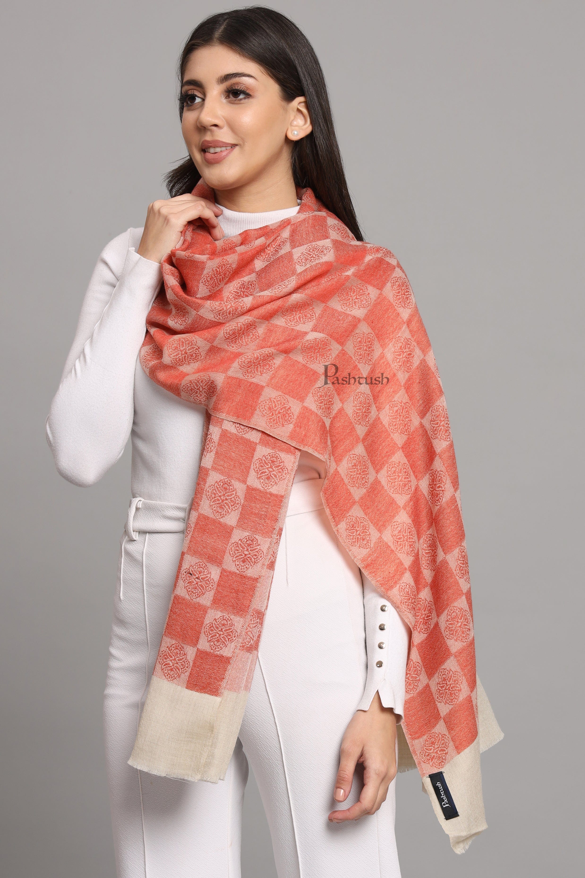 Pashtush Womens Extra Fine Wool Stole, Checkered Design, Orange - Image 5