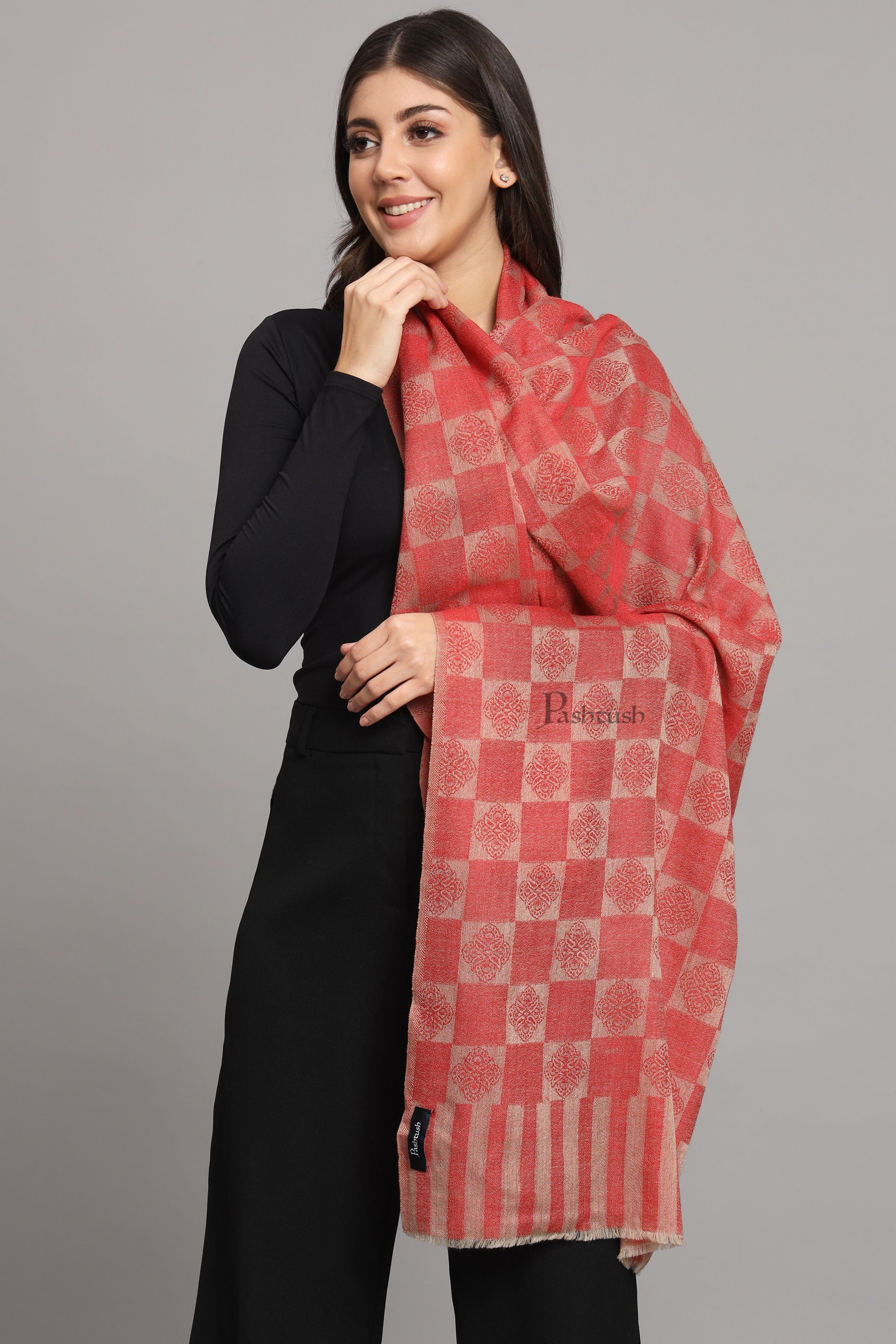 Pashtush Womens Extra Fine Wool Stole, Checkered Design, Red