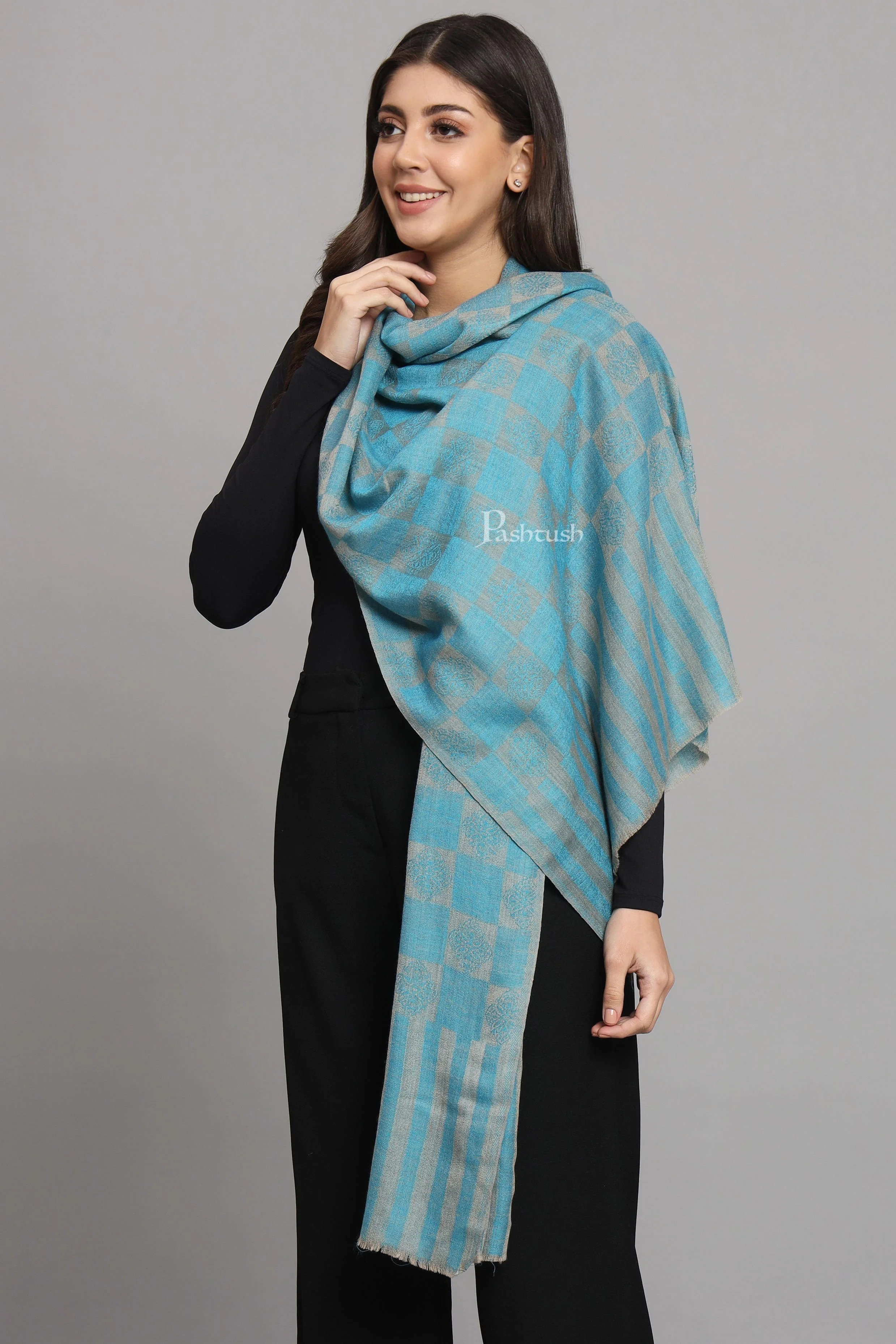 Pashtush Womens Extra Fine Wool Stole, Checkered Design, Sky Blue - Image 3