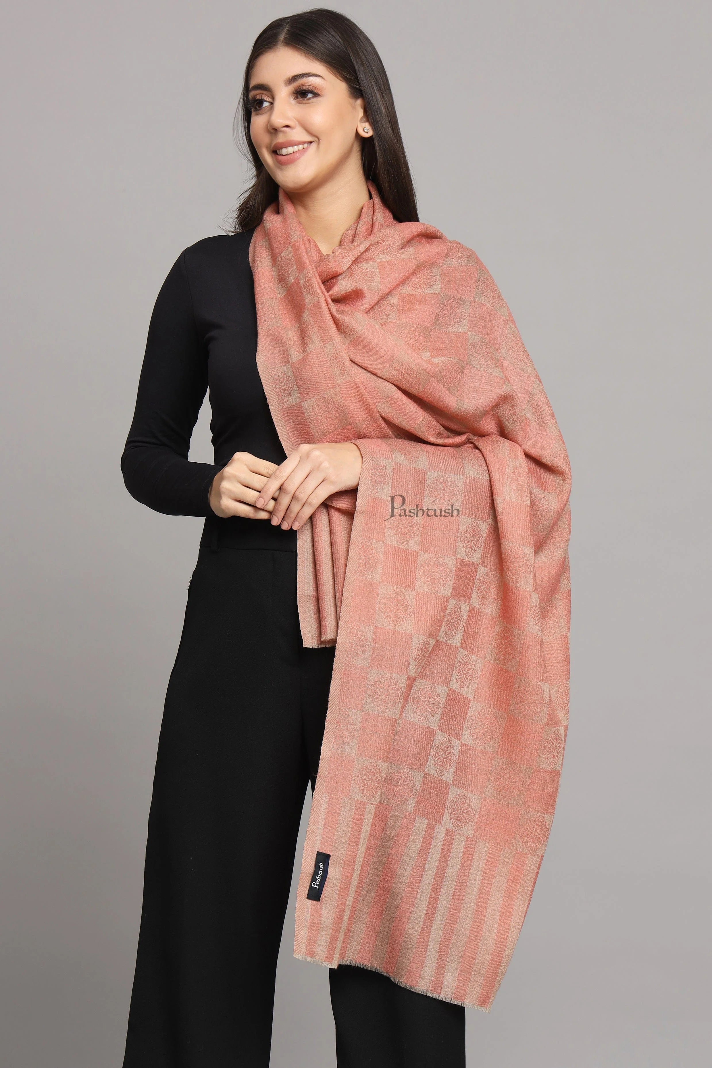 Pashtush Womens Extra Fine Wool Stole, Checkered Weave Design, Rose - Image 3