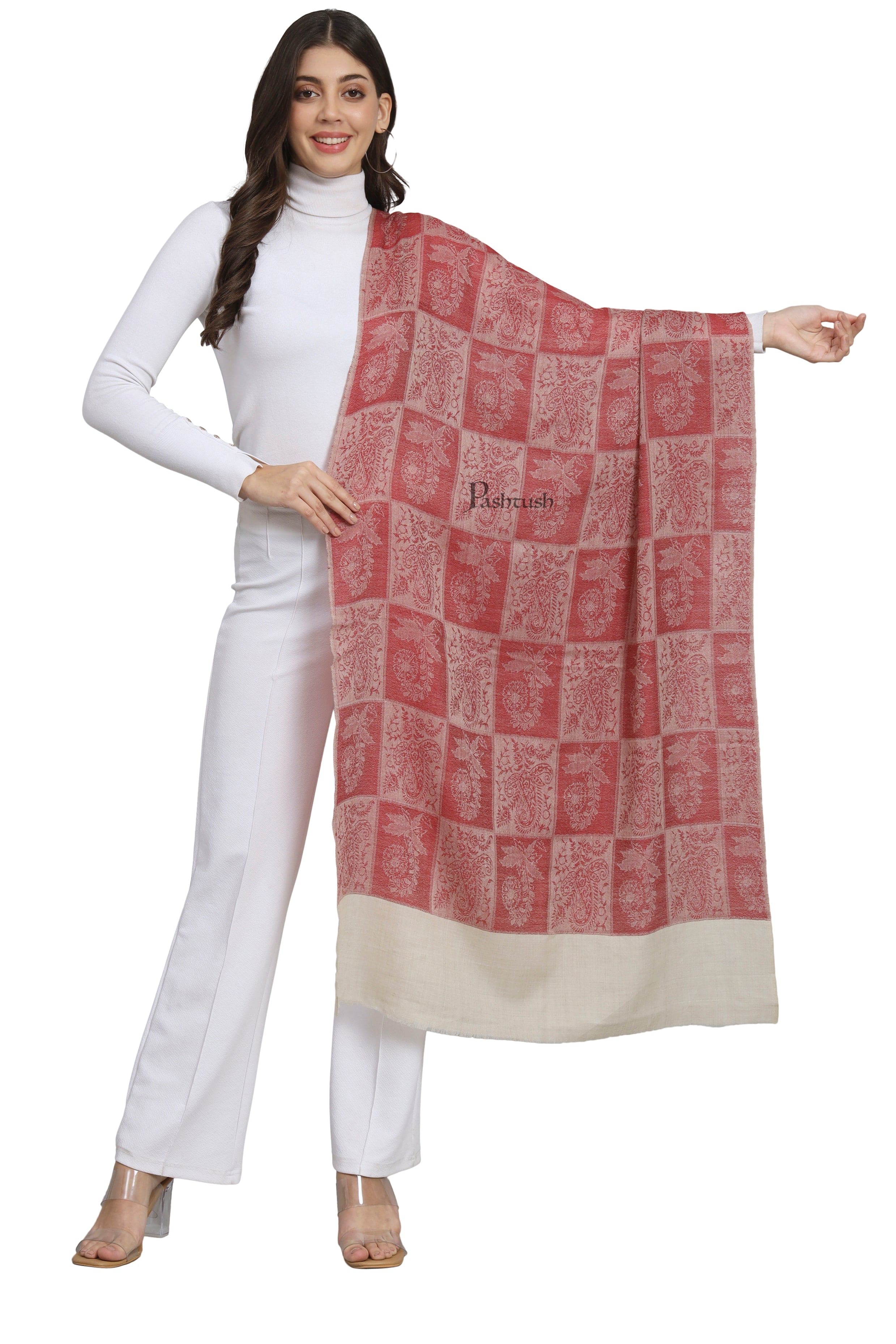 Pashtush Womens Extra Fine Wool Stole, Design, Maroon - Image 3