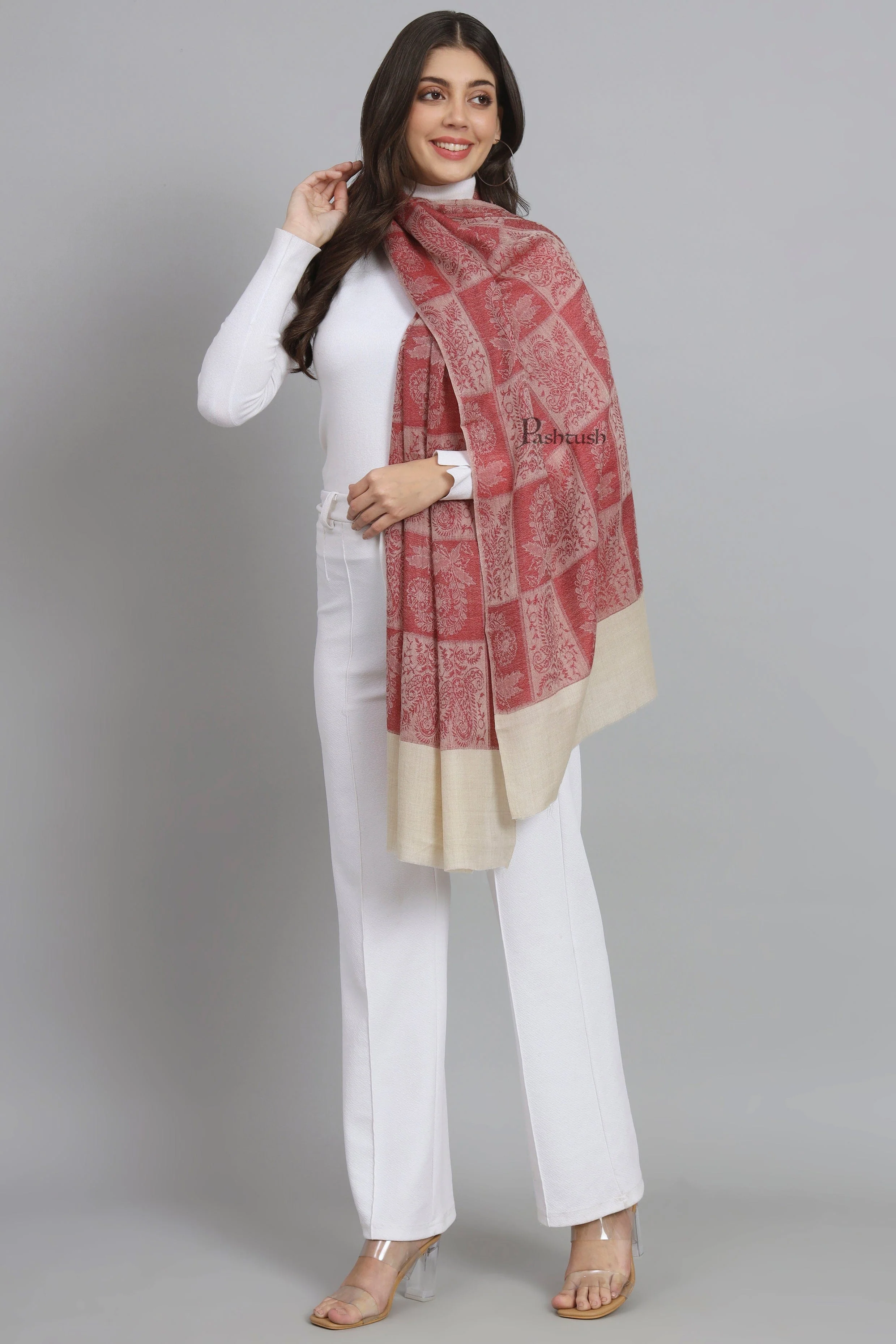 Pashtush Womens Extra Fine Wool Stole, Design, Maroon - Image 4