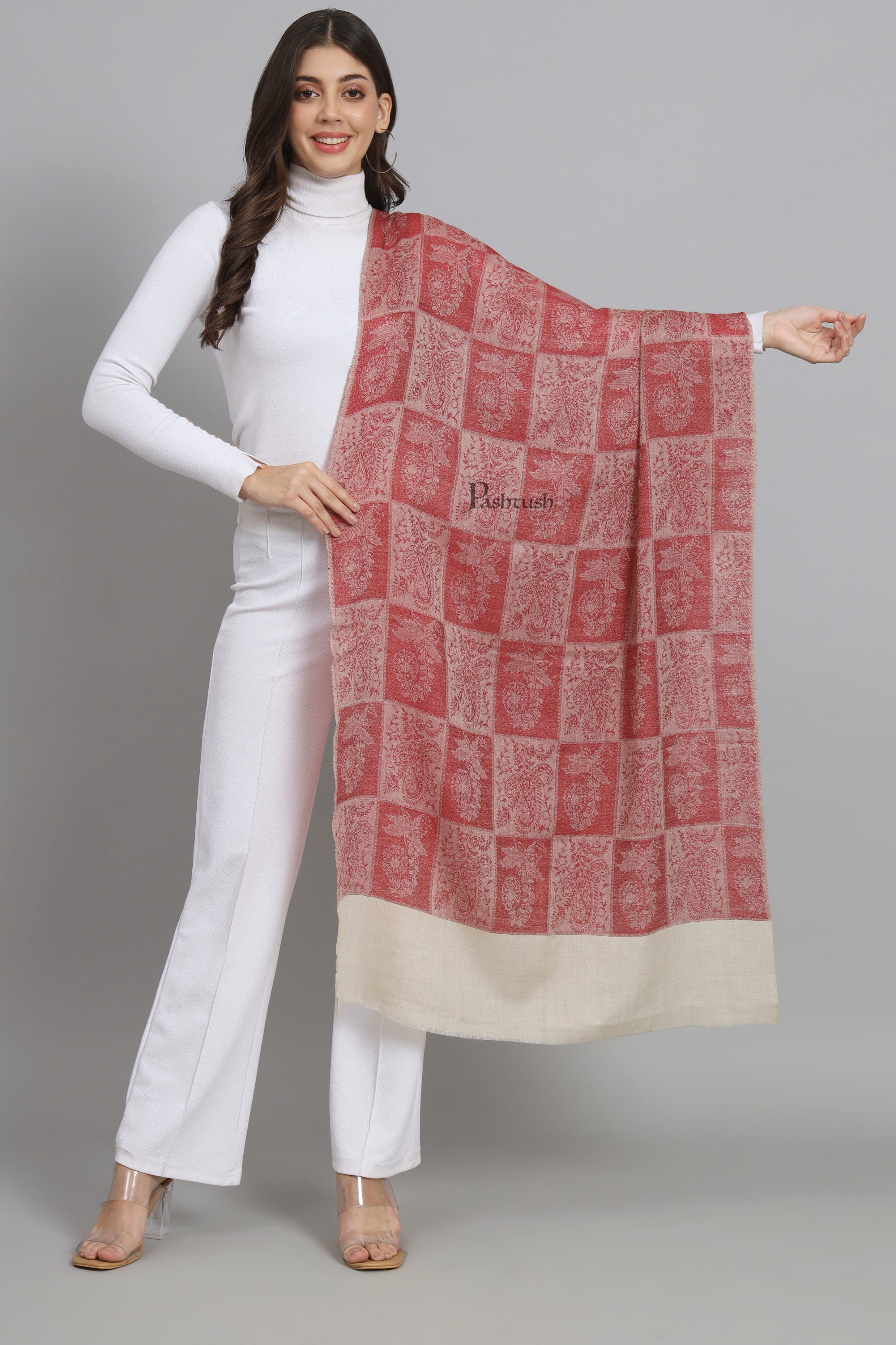 Pashtush Womens Extra Fine Wool Stole, Design, Maroon - Image 5