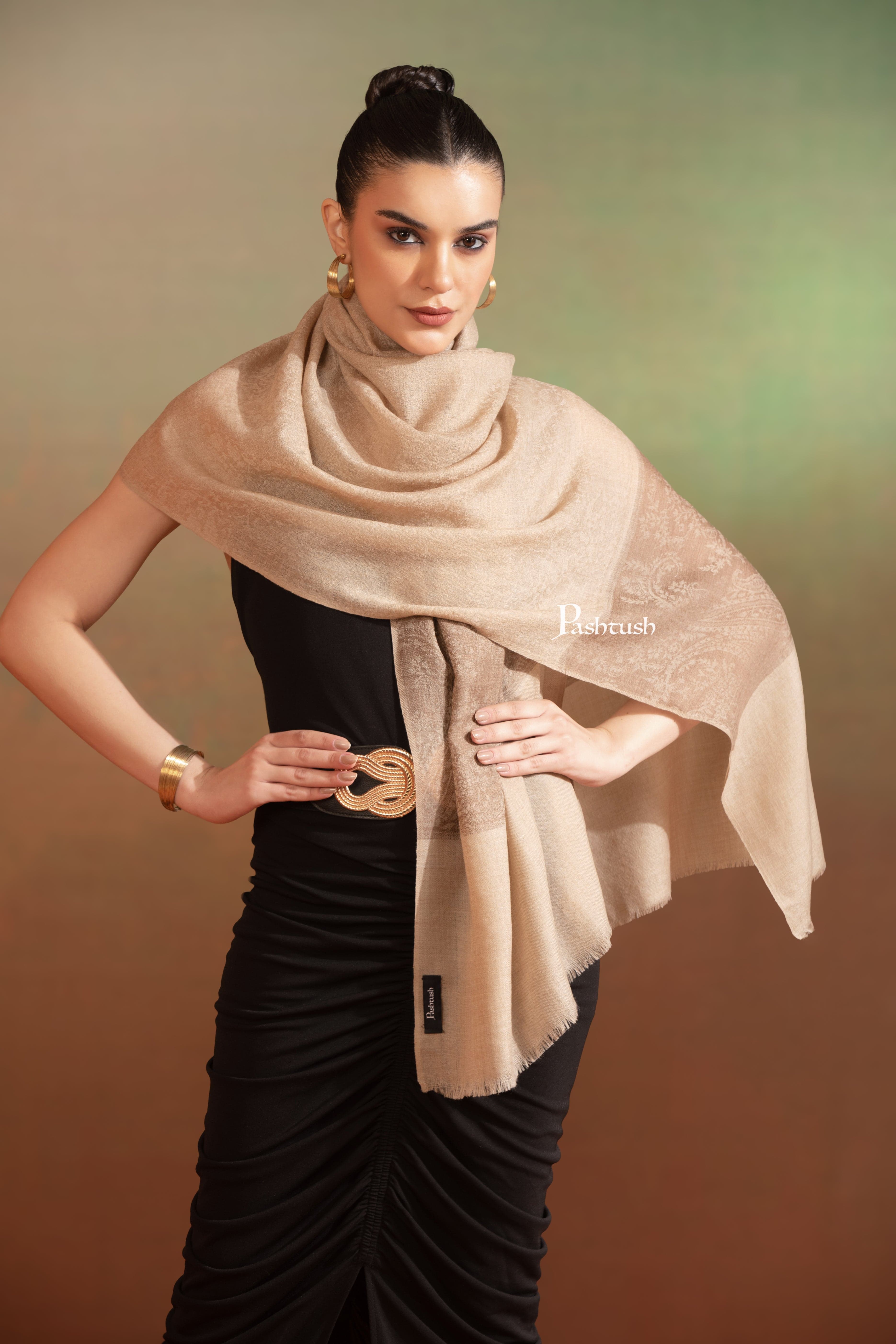 Pashtush Womens Extra Fine Wool Stole, Design, Taupe