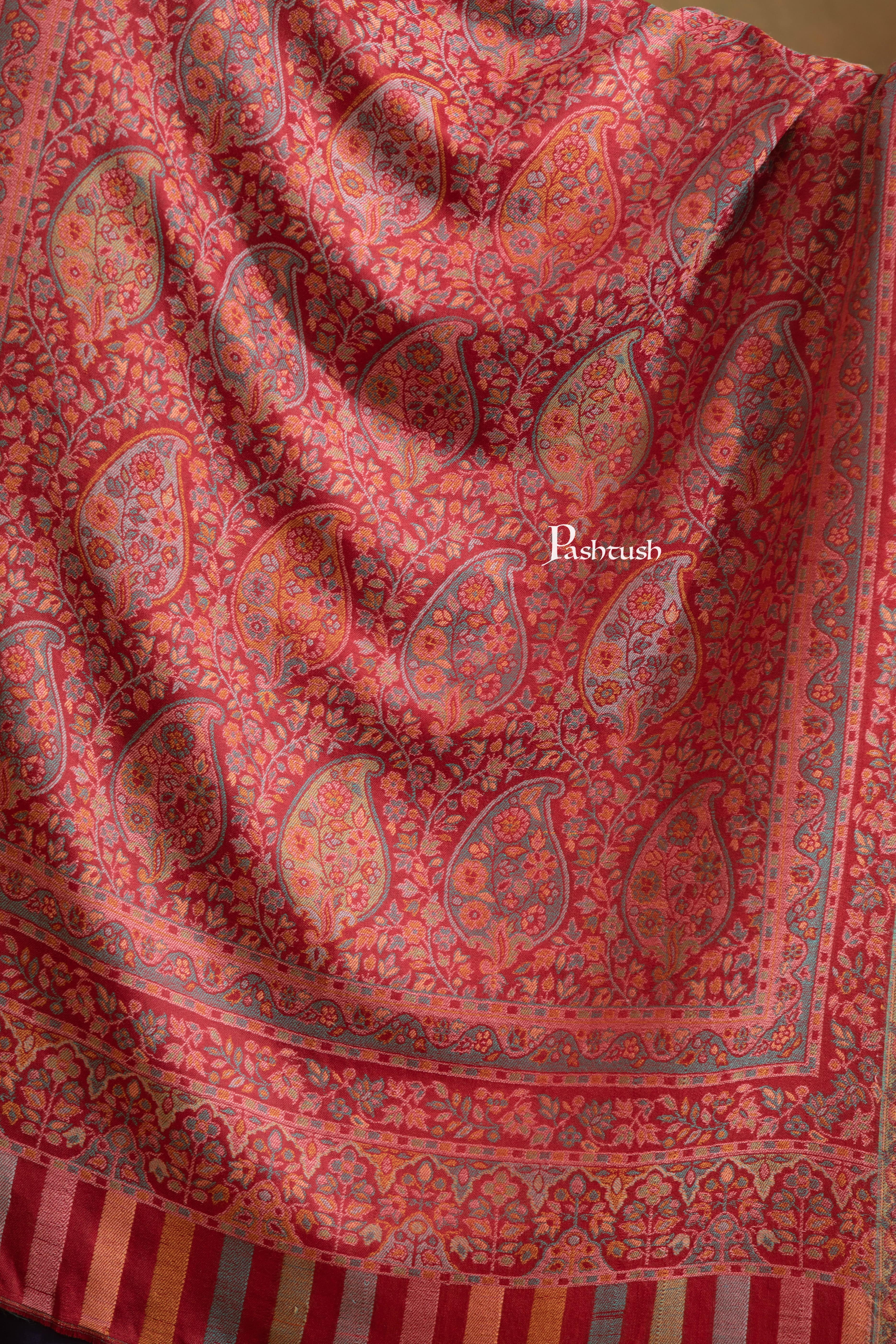 Pashtush Womens Extra Fine Wool Stole, Ethnic Weave Design, Maroon - Image 2
