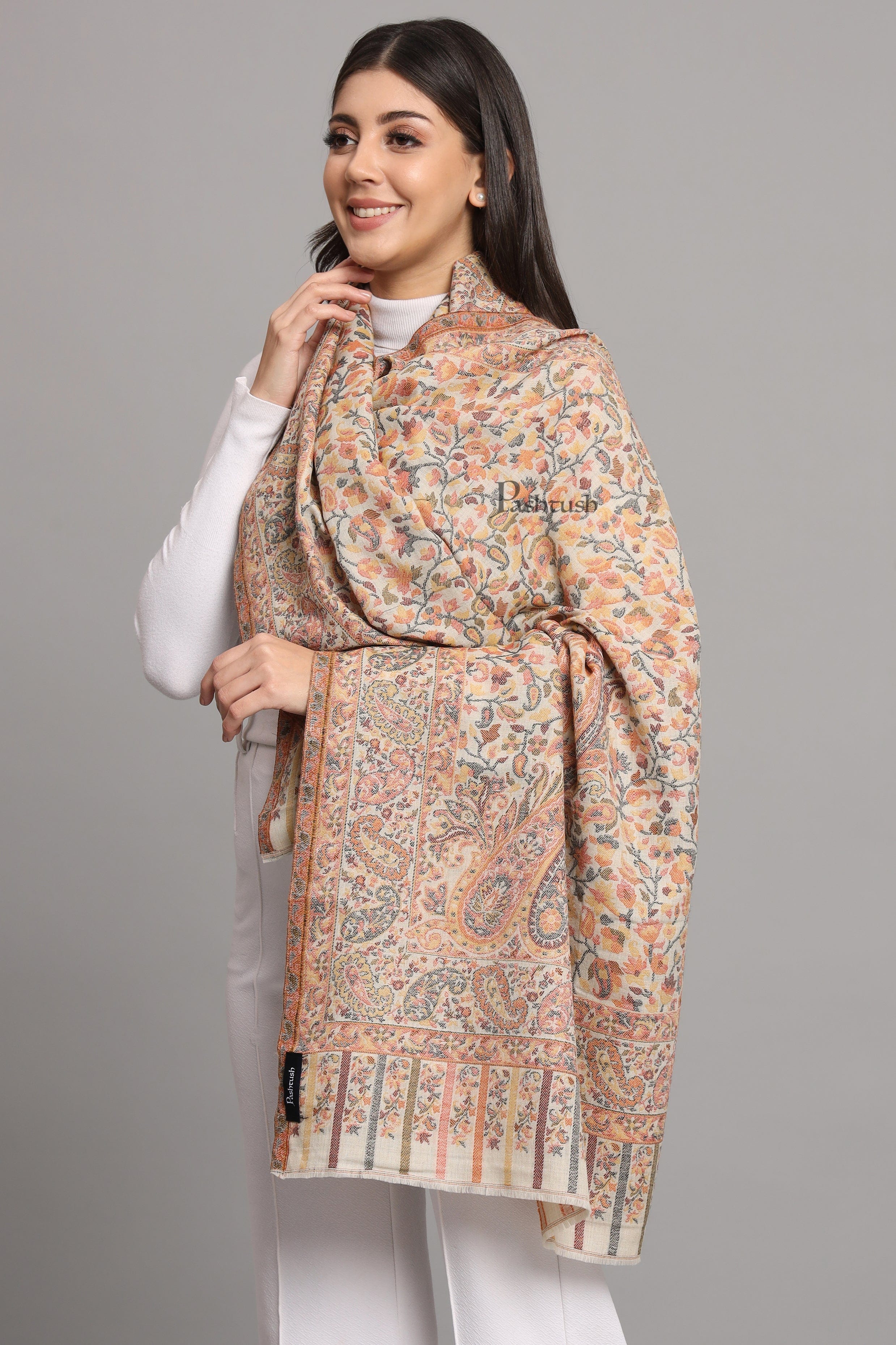 Pashtush Womens Extra Fine Wool Stole, Ethnic Weave Woven Design, Beige - Image 5