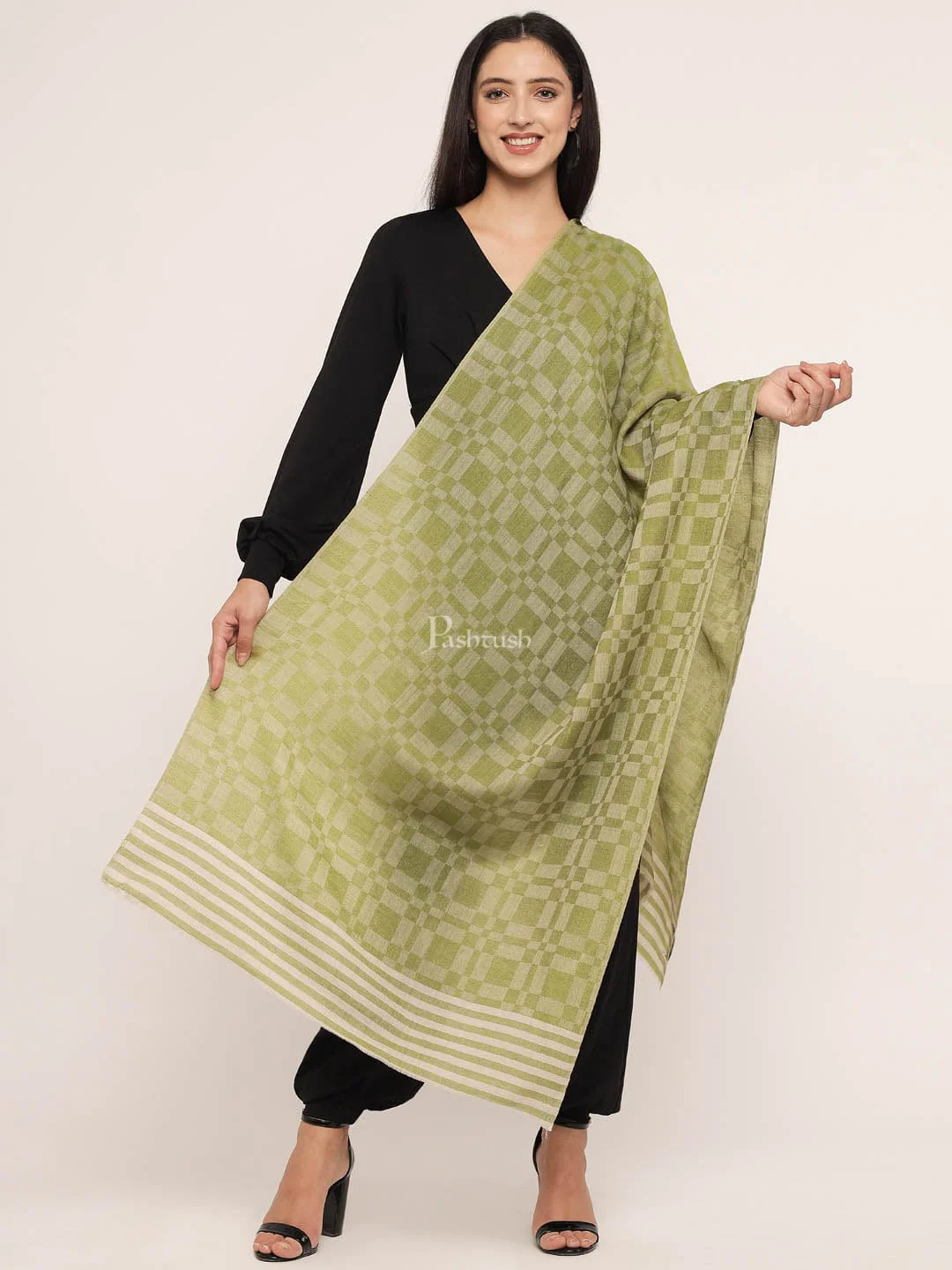 Pashtush womens Extra Fine Wool Stole, extra fine wool design, Green - Image 2