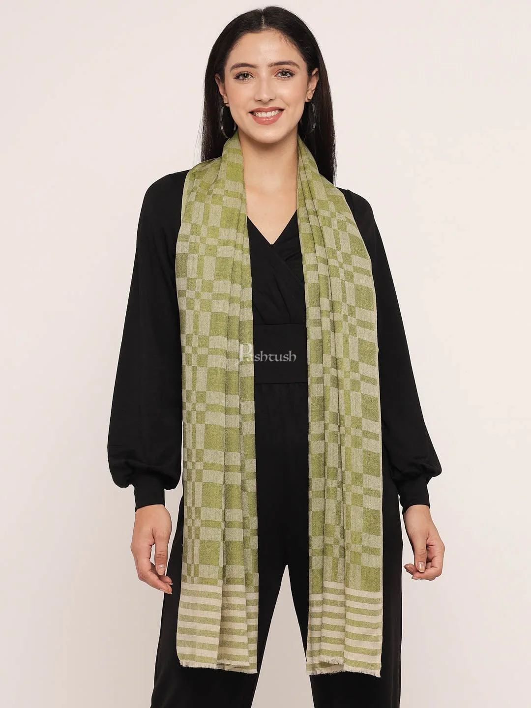 Pashtush womens Extra Fine Wool Stole, extra fine wool design, Green - Image 4