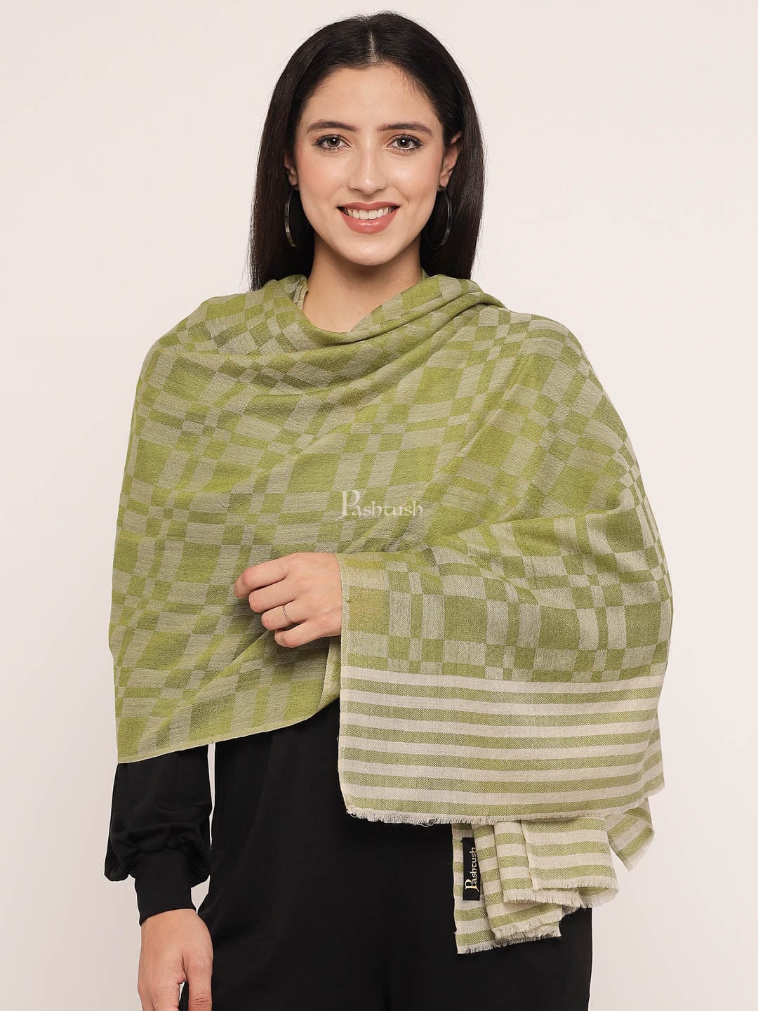 Pashtush womens Extra Fine Wool Stole, extra fine wool design, Green - Image 5