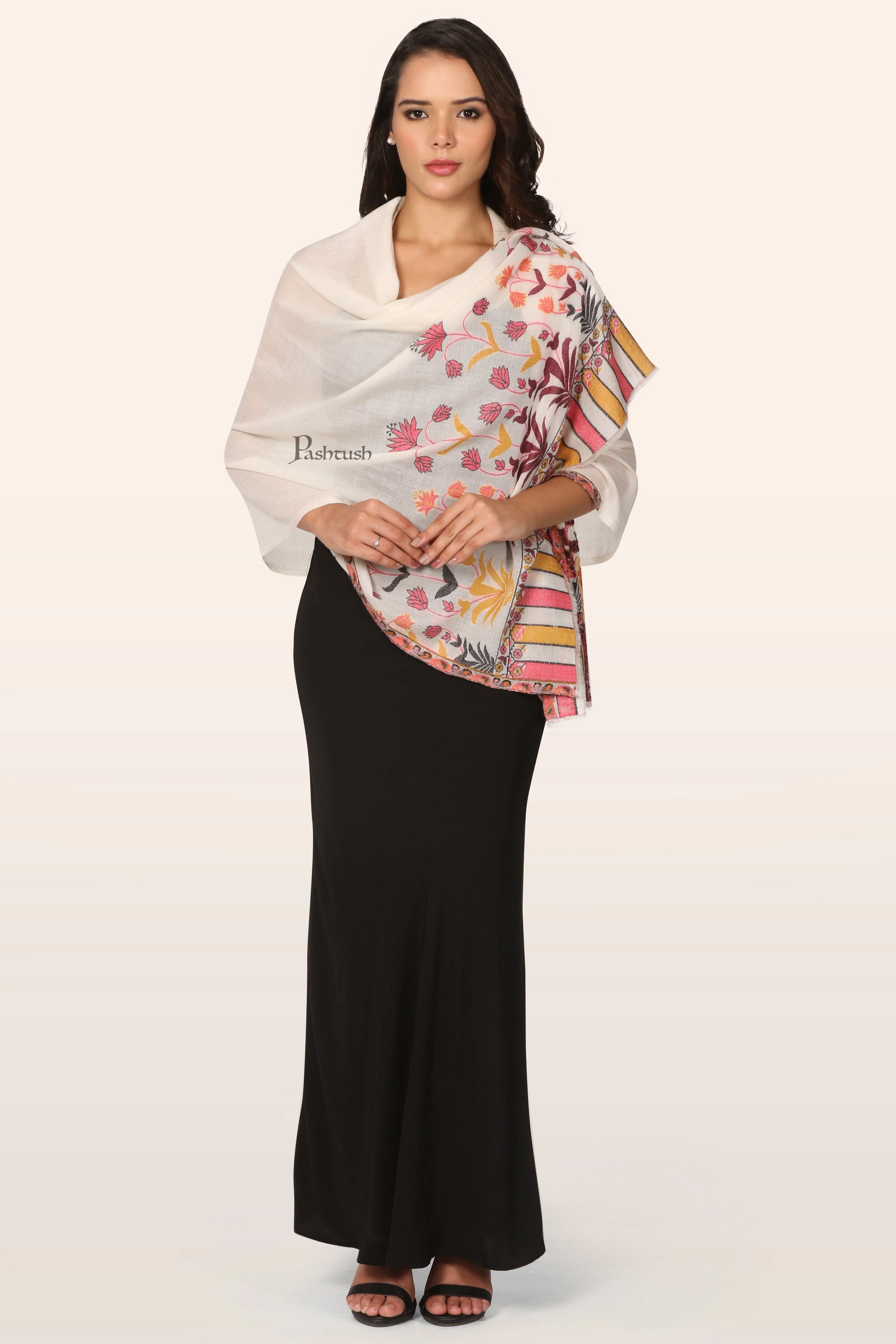 Pashtush Womens Extra Fine Wool Stole, Floral Design, Ivory - Image 4