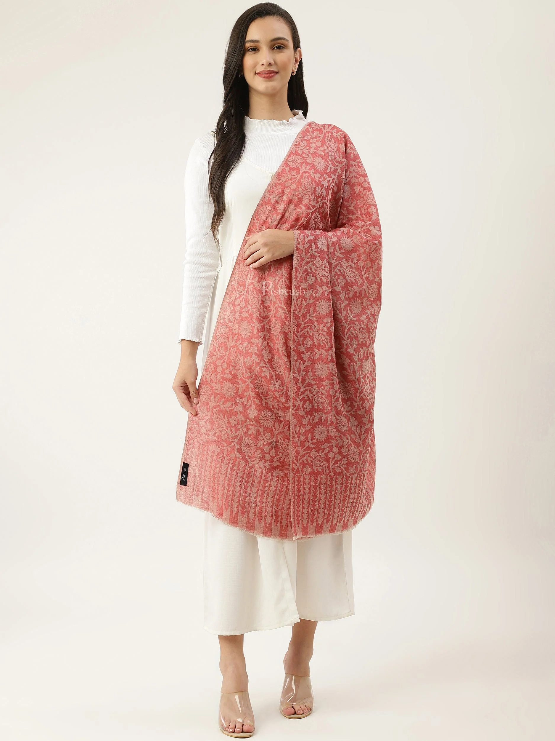 Pashtush womens Extra Fine Wool Stole, floral design, Rose - Image 3