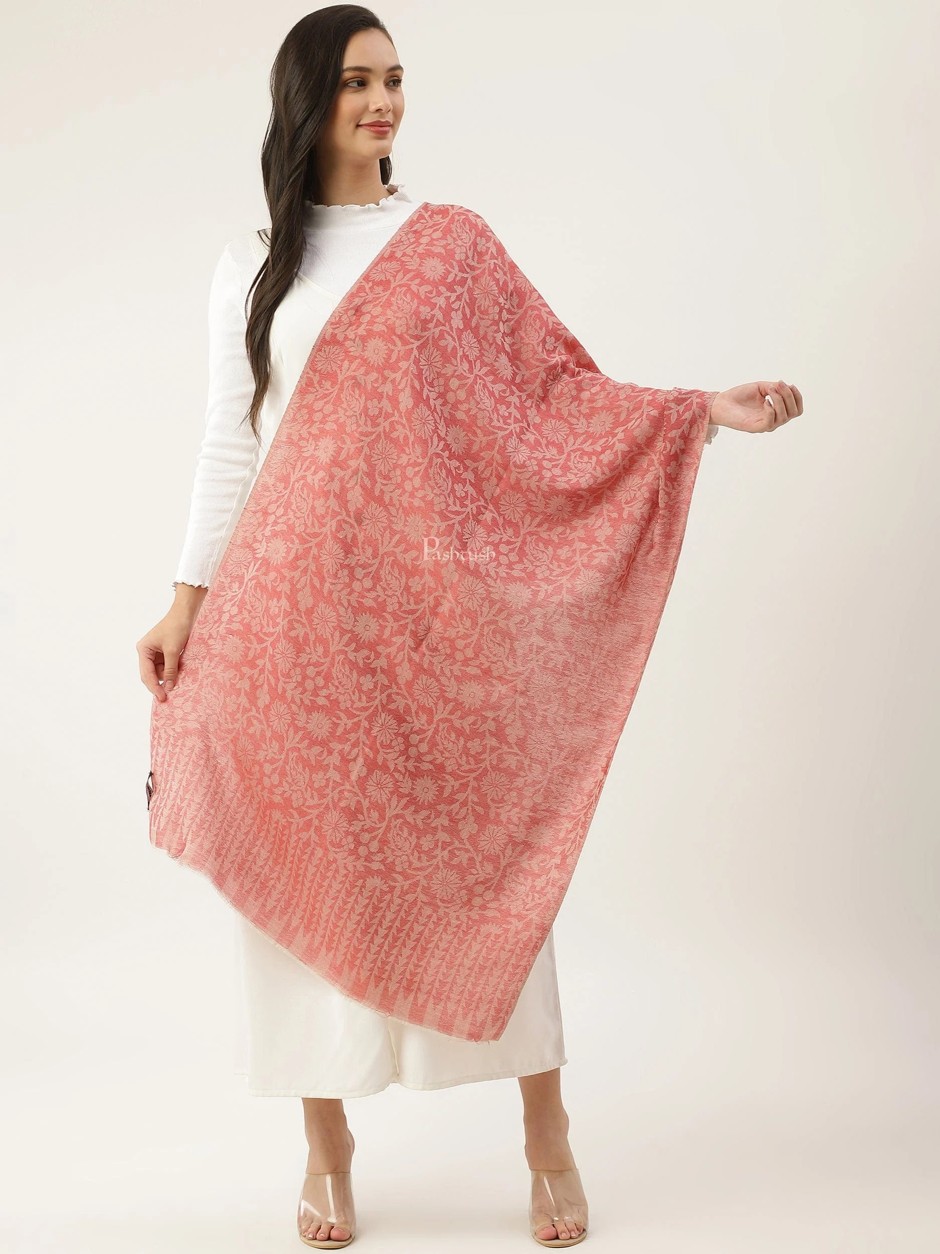Pashtush womens Extra Fine Wool Stole, floral design, Rose - Image 4